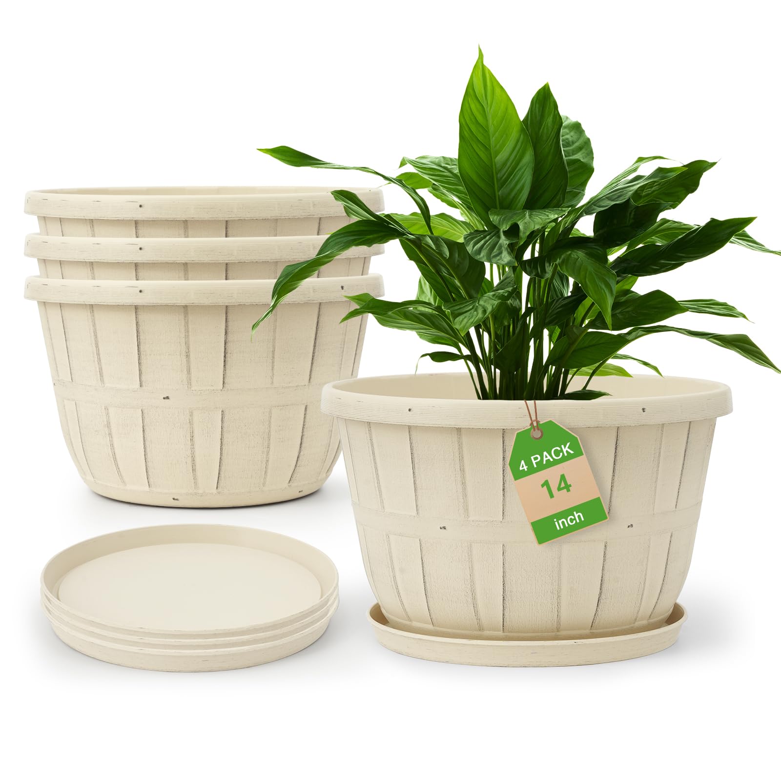 Quarut 14 Inch Plastic-Flower-Pot-for-Indoor-Plants, 4 Pack Large Outdoor Planter Pot with Drainage Holes & Saucers, Resin Decorative Garden Pots