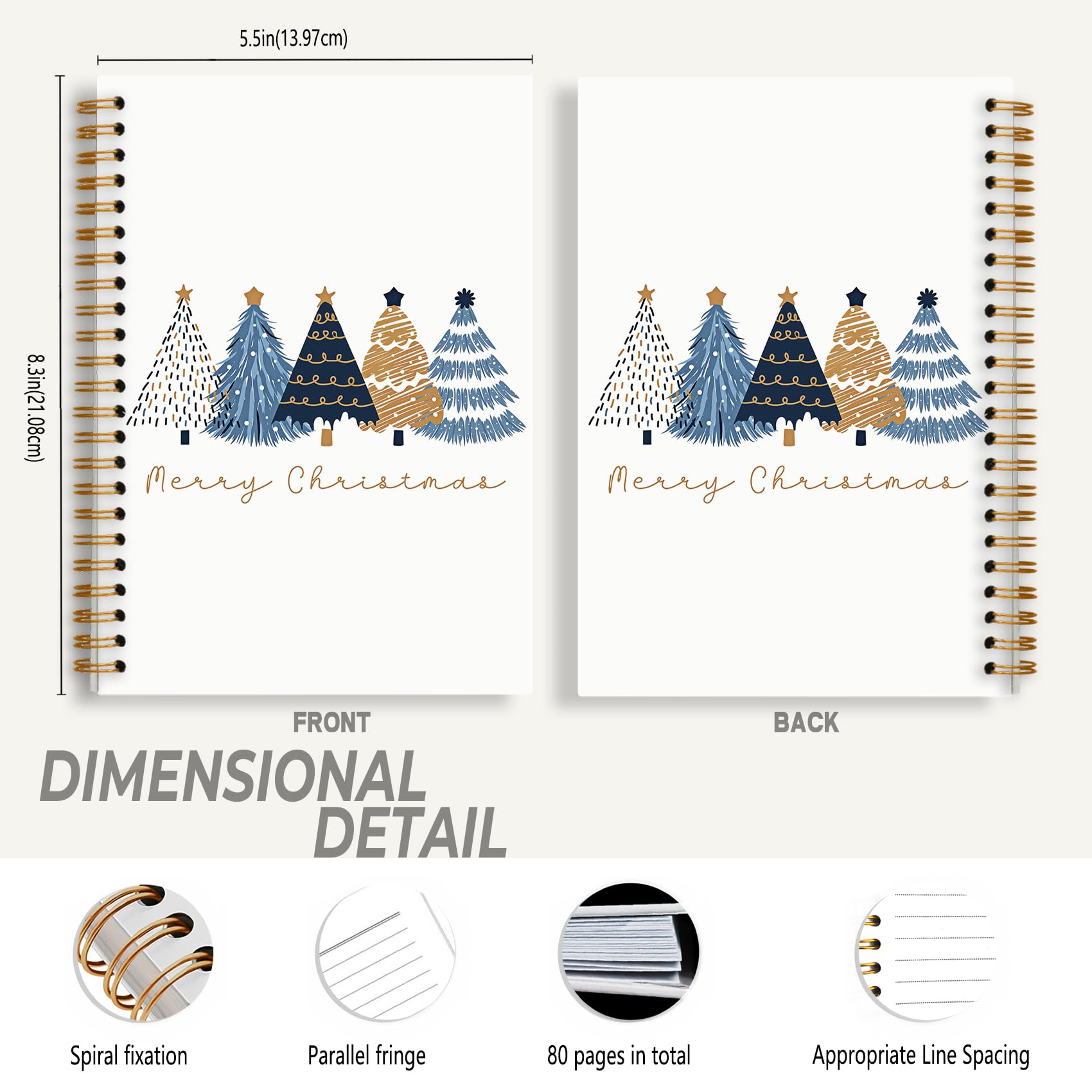Quaderno con albero di Natale blu e oro, diario minimalista con albero di Natale per donna, quaderno a spirale per vacanze invernali, 14 x 21 cm