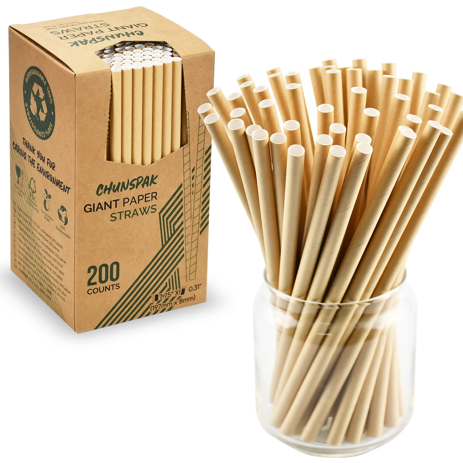 [200 Pack] Paper Drinking Straws Extra Wide, 0.31" x 7.75" (8x197mm) - Brown Kraft, 100% Biodegradable - Home and Restaurant Use