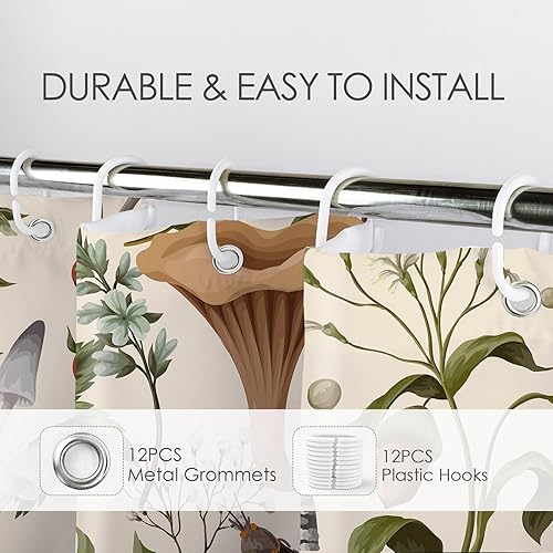 Miniatura 5 de HVEST Cortina de ducha de hongos de los años 70, varios hongos y hojas sobre fondo beige, cortina de baño con ganchos, accesorios de decoración de