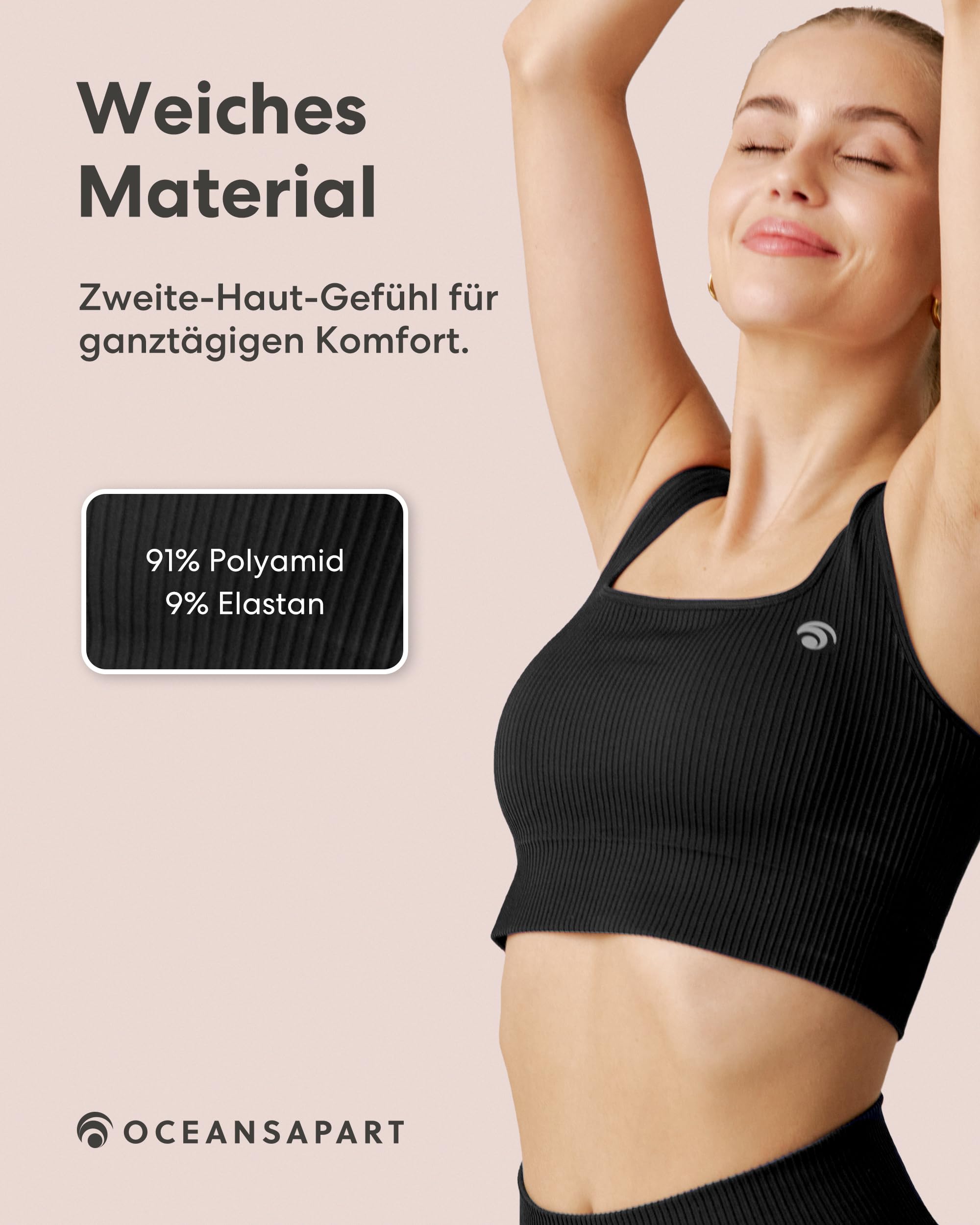 OCEANSAPART Sydney Bra - Sport BH Damen Bustier Nahtlos Bralette | Geripptes Design & Quadrat-Ausschnitt – Herausnehmbare Cups – Schnelltrocknend ohne Bügel für Yoga