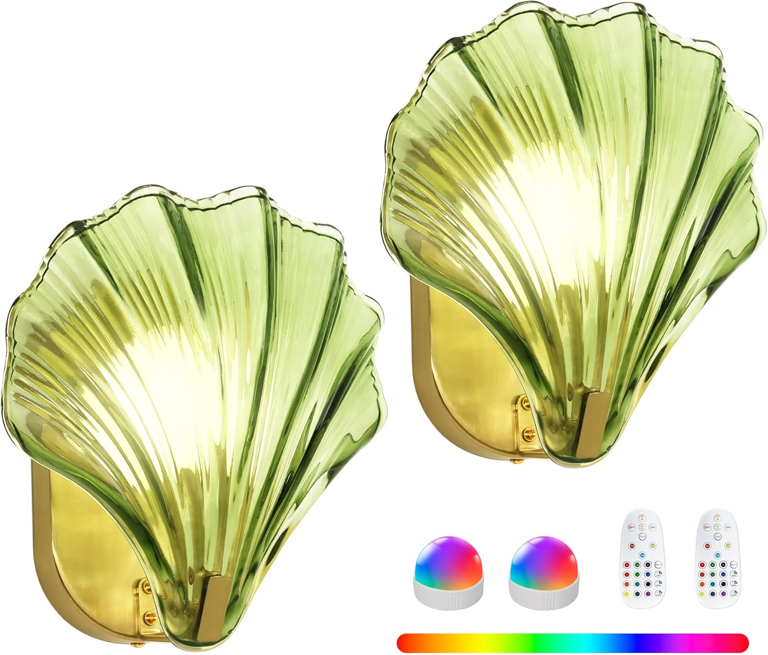 Vintage Battery Operated Wall Sconces with Remote, Green Rechargeable Wireless Wall Sconces with Magnetic LED Bulbs, Indoor Shell Shaped Wall Lights for Living Room, Bedroom, Doorway, Set of 2