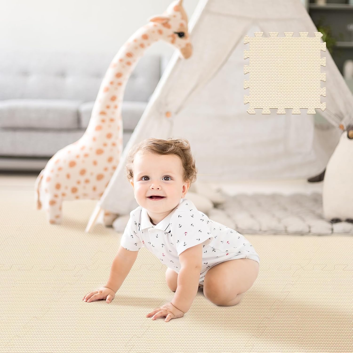 puzzle play mat 16 tiles with 32 border pieces, interlocking stitching mat with border for living room playroom gym, beige 11.8"x11.8"- 16pcs