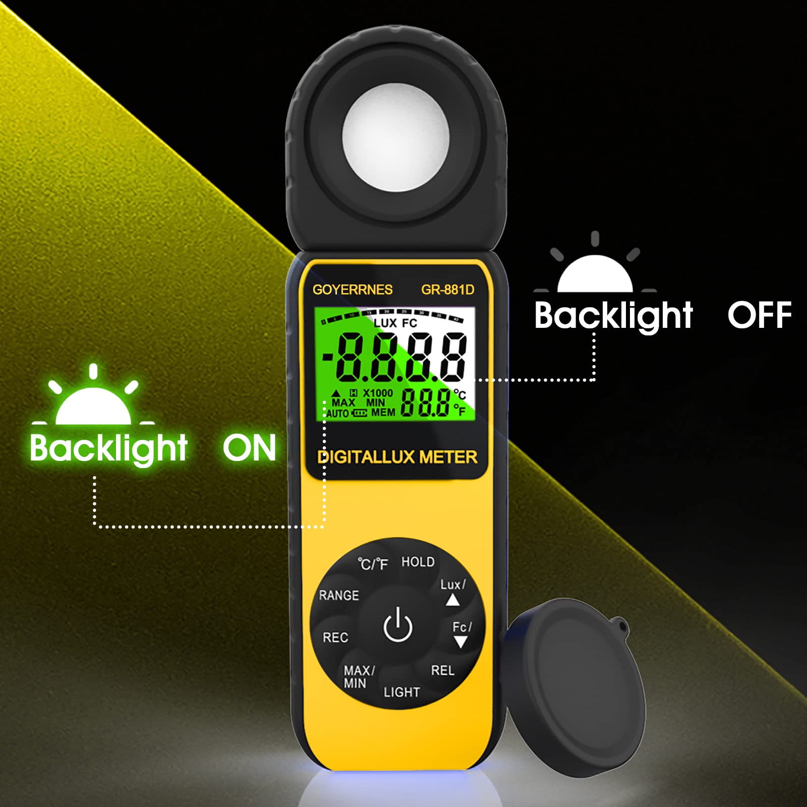 Misuratore di luce Misuratore di illuminamento digitale 0~400.000 Lux Fotometro di illuminazione GR-881D Misuratore di Lux portatile con misurazione della luminosità dell'intensità della temperatura.