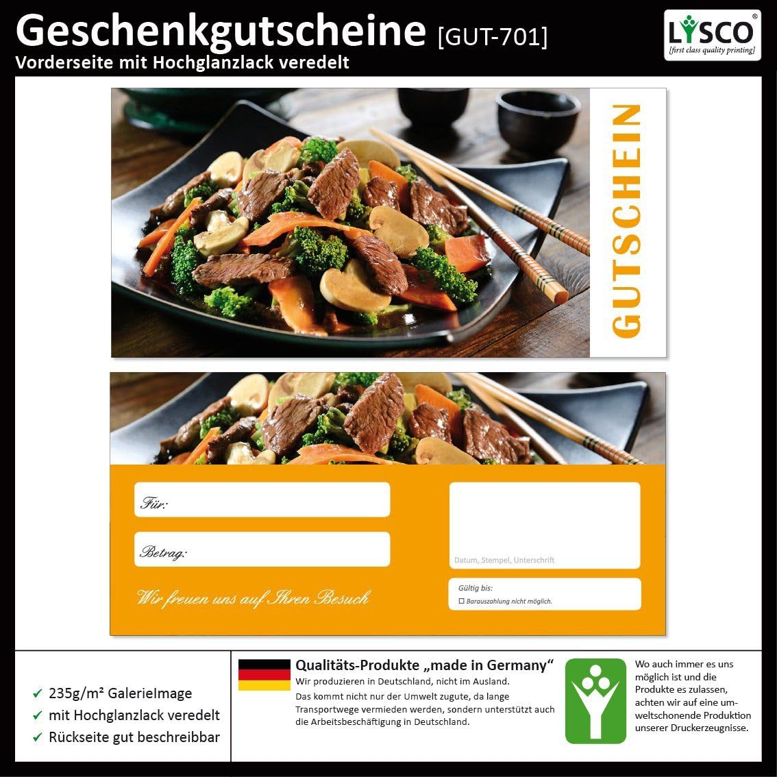Geschenkgutscheine (GUT-701) Gutscheine Gutscheinkarten für Bereiche wie Gastronomie Fleisch Grillen Restaurant Nudeln (200)
