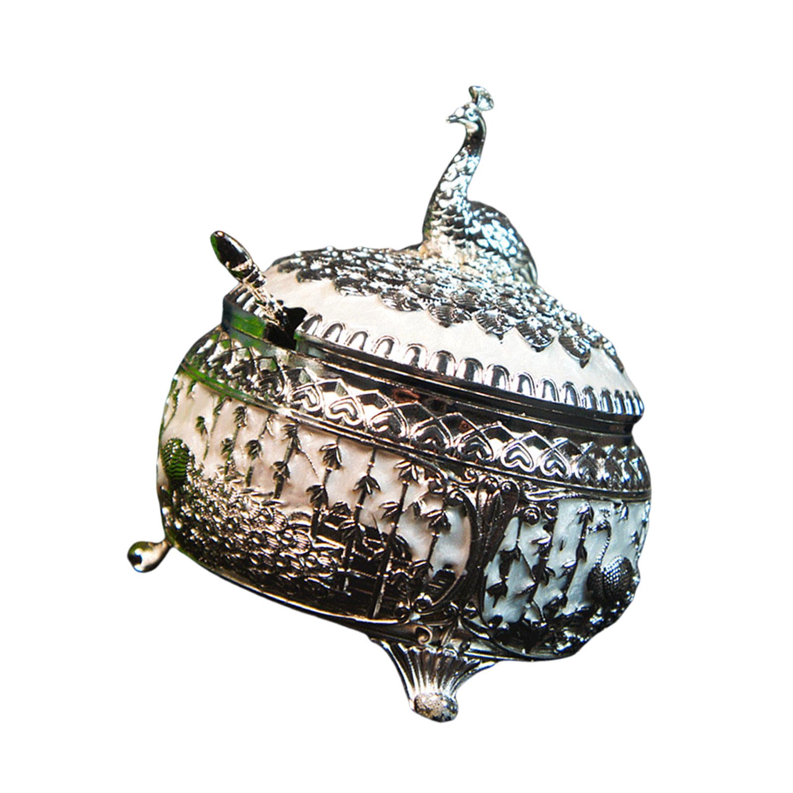 Xinsheinelry Peacocks Themed Alloy Sugar Container with Lid and Spoon Elegant Alloy Candy Jar Kitchen Sugar Canister for Household Elegant Metal Cup