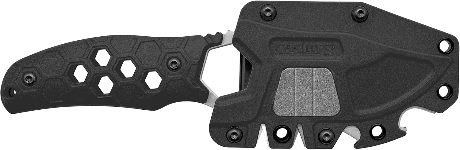 Camillus Comb 7.25" Clip Point Blade Durable Corrosion-Resistant 420 Stainless Steel Outdoor Survival Hunting Fishing Camping Fixed Blade Knife, Molded Sheath with 4 Additional Functions Included