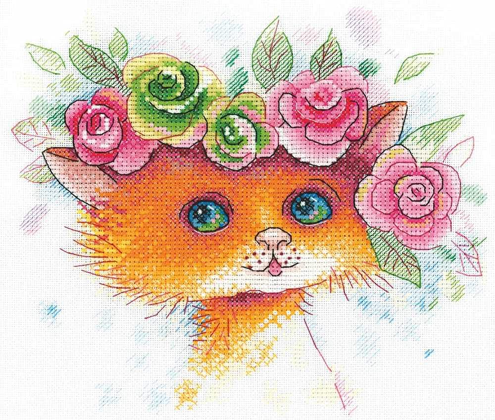 Meowmoiselle zestaw do haftu krzyżykowego na płótnie Linda 27 szt. imbirowy kot z kwiatami MP Studia SA-001