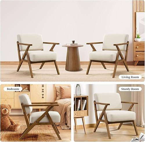 Miniatura 6 de Silla moderna de mediados de siglo, sillón tapizado beige con marco de madera maciza, cómoda silla de rincón de lectura, sillas de descanso para