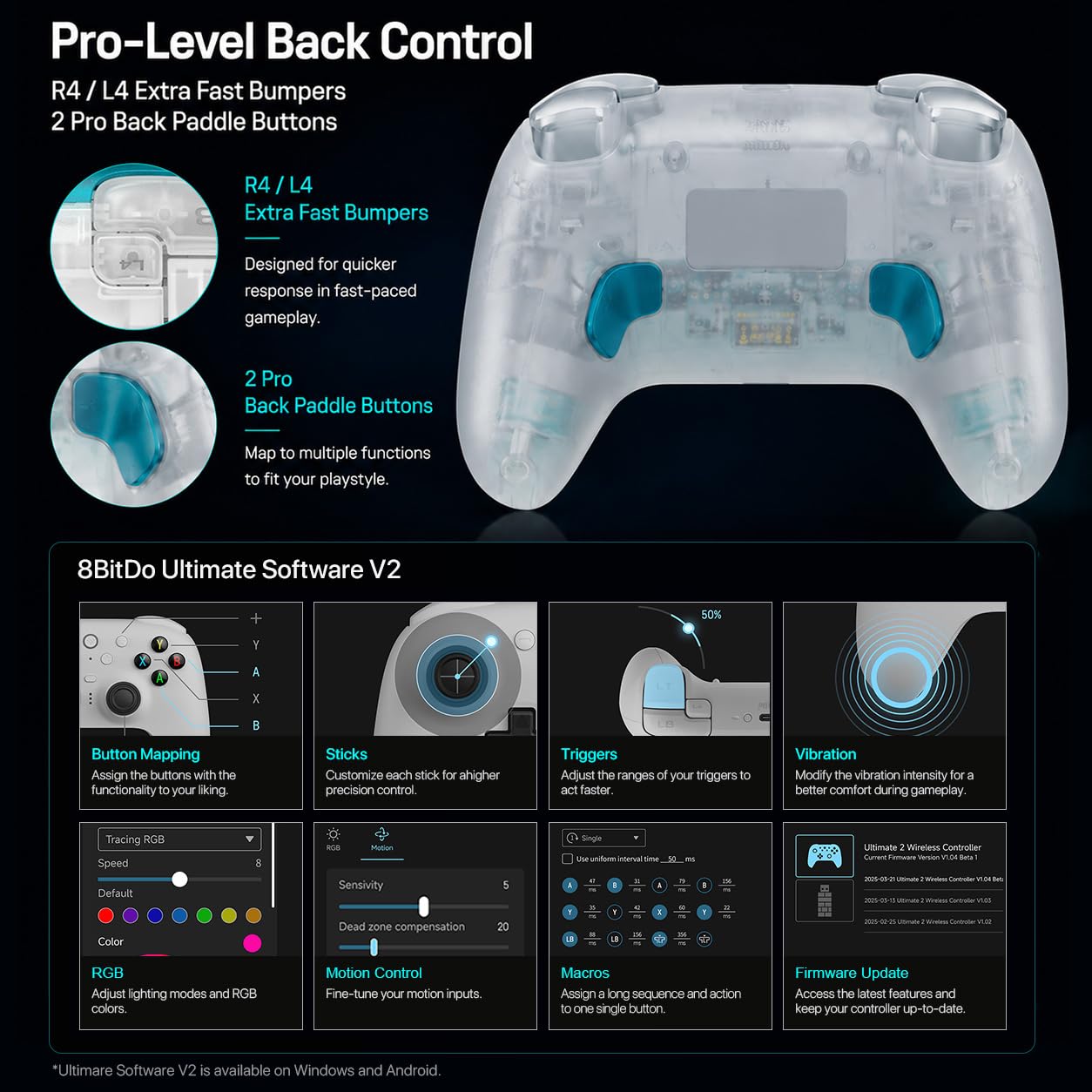 8Bitdo Ultimate 2 Controller senza fili per Windows e Android (Blu limpido) | Joystick TMR, Frequenza di Polling 1000Hz, Tactile/Hall Triggers, L4/R4 e 2 Pulsanti Posteriori Programmabili