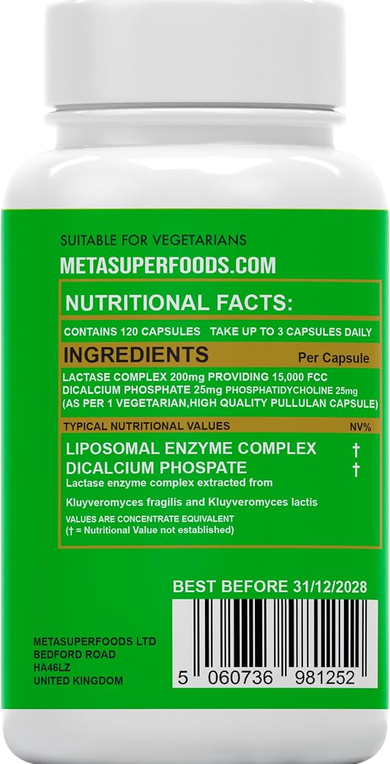 Lactase Enzyme 15000FCC | 120 High Strength Lactase Capsules | Enzyme Tablets | Lactose Digestion | Digestive Enzyme Food Supplement, Liposomal Max Absorption