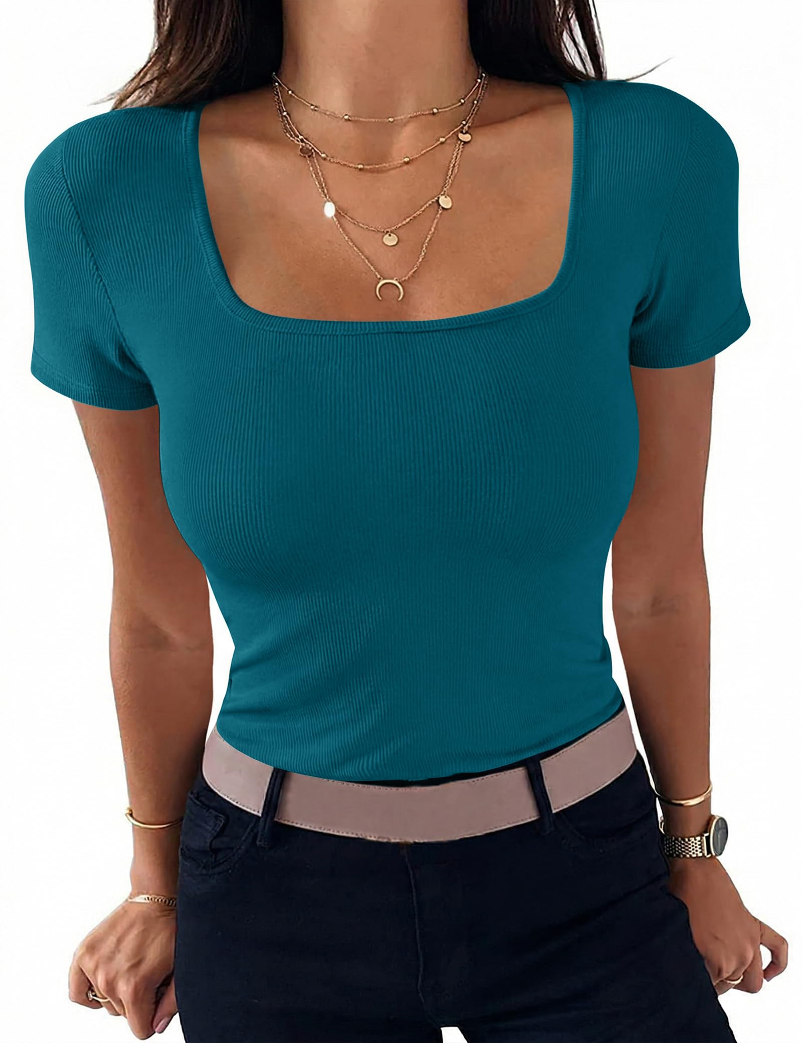 Aottori Tshirt Damen Eckigem Ausschnitt Sommer Oberteile Kurzarm Gerippt Basic Tee Shirts Slim Fit Elegant T-Shirt Stretch Casual Einfarbig Tops