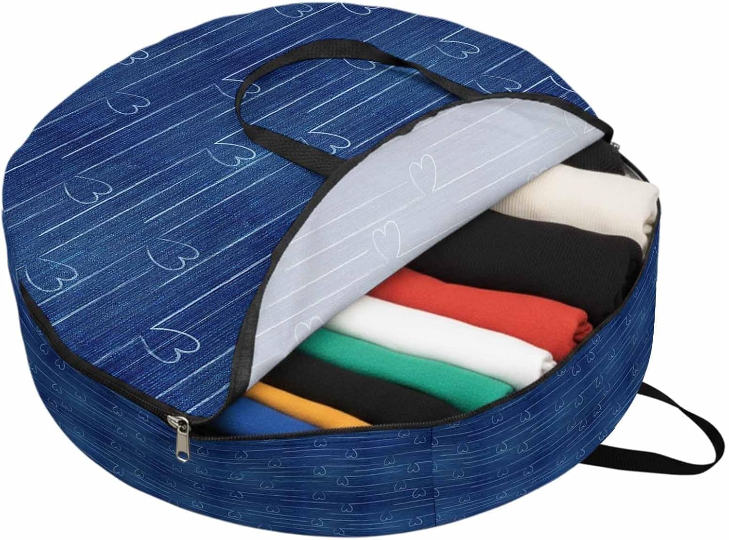 Valentine's Day Round Storage Bag 36 Inch, Nostalgic Love Washed Denim Color Clothes Storage Container with Handles Heavy Duty Organizer for Comforter, Bedding & Holiday Wreaths