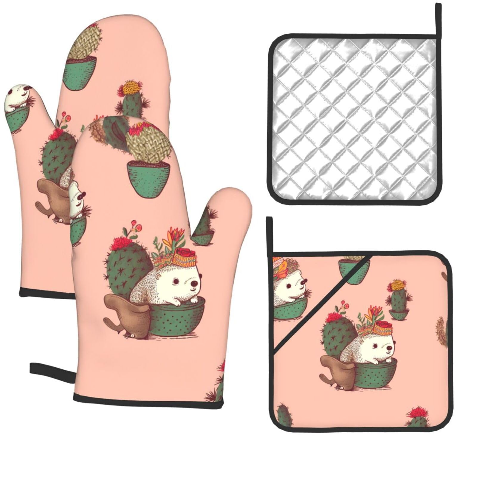 4 Pcs Oven Mitts and Pot Holders Set Kitchen Oven Gloves Heat Resistant Potholders Non-Slip Hot Pads Hedgehog and Cactus Oven Mits for Cooking Baking Grilling