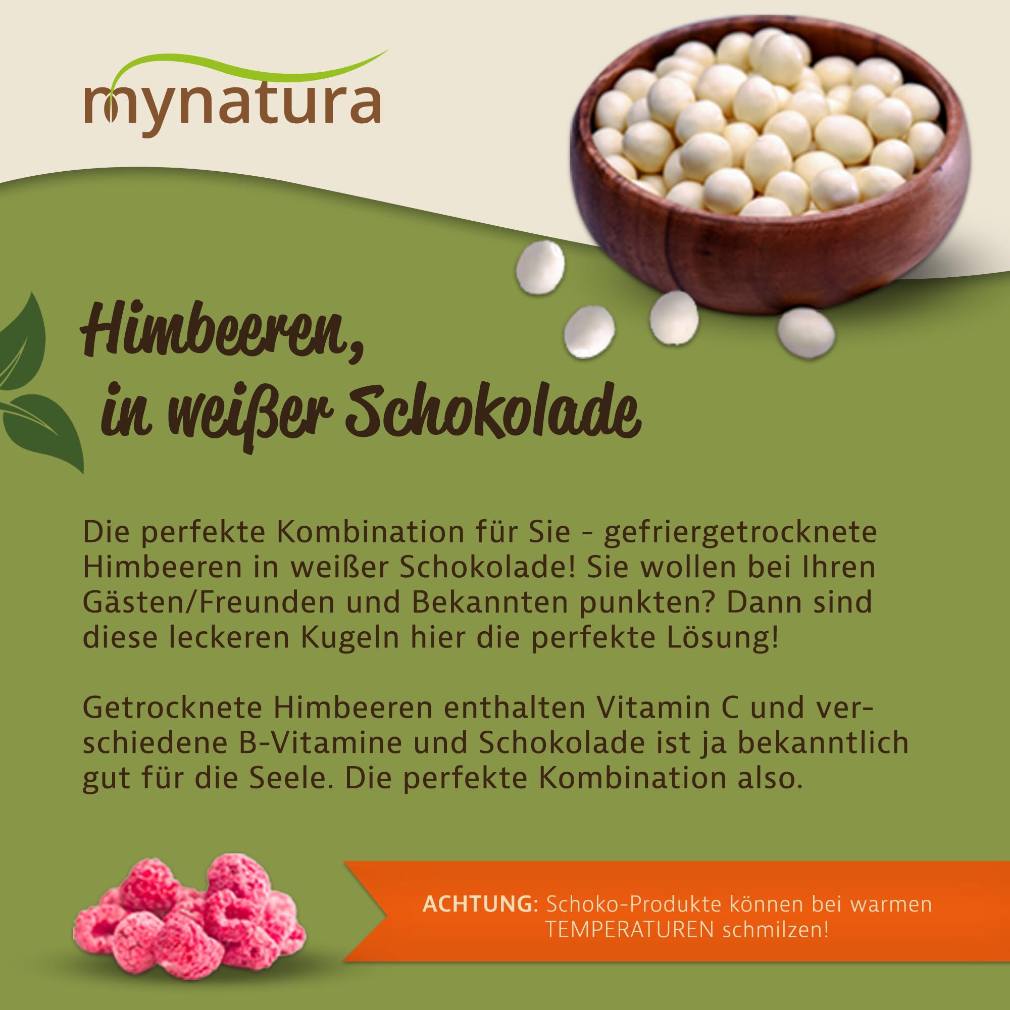 Mynatura Himbeeren, gefriergetrocknet, in weißer Schokolade I Himbeeren I umhüllt von Schokolade I Müsli I Snack I Raspberry I Süß I Beutel (1x 1000g)