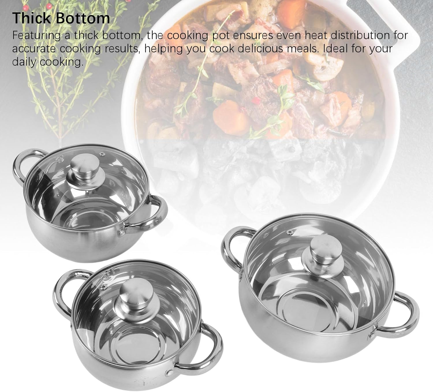 Stainless Steel Soup Pot Set, 3 Piece Kitchen Cookware Sets Thick Bottom Anti Stick Cooking Pot Set with Glass Lids, Stay Cool Handle, Works with Induction, Electric and Gas Cooktops