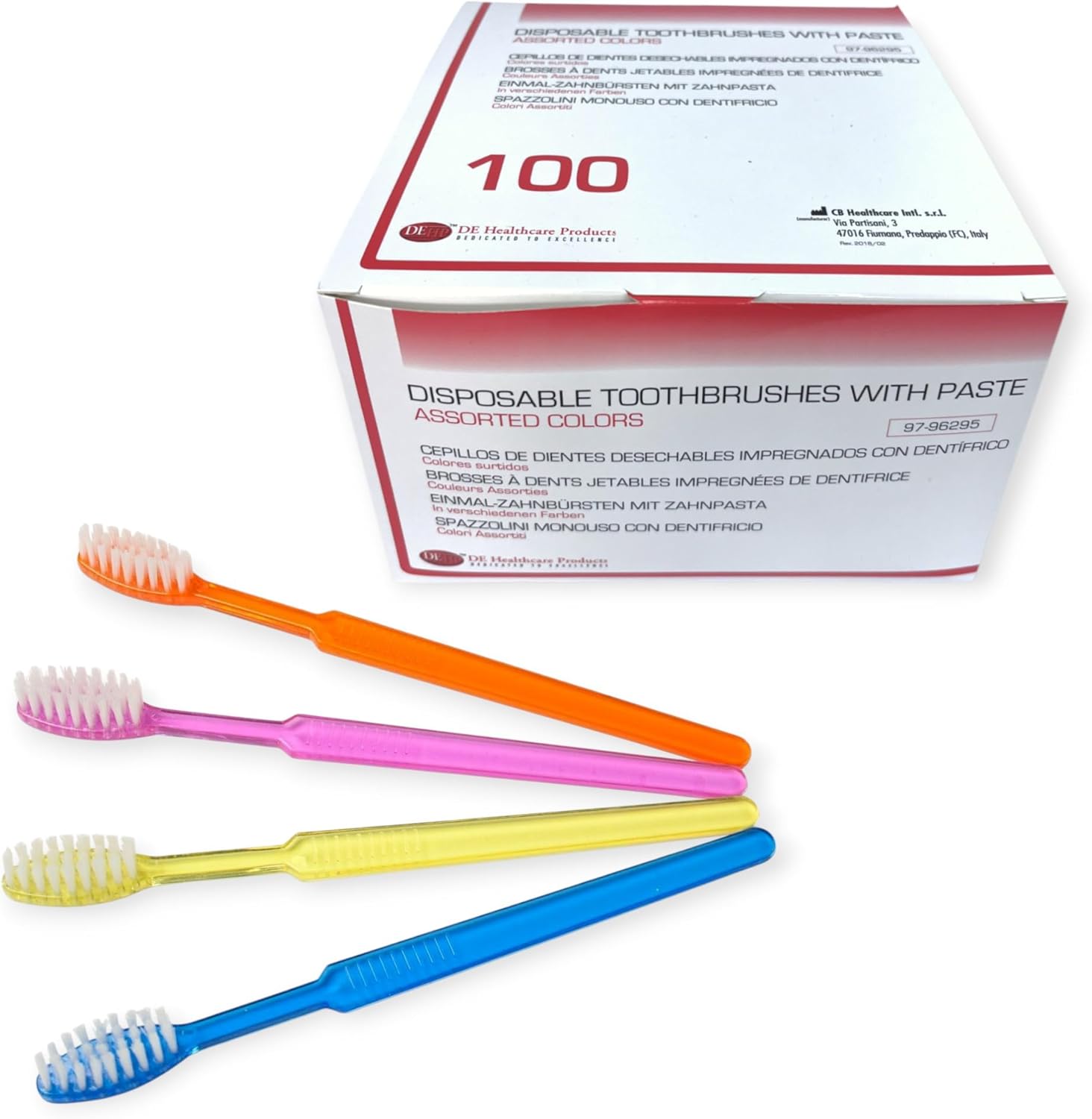 Disposable toothbrushes with toothpaste 100 pieces individually hygienically packed 4 different colors 4 x 25 pieces