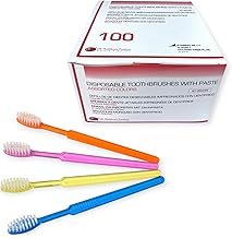 Disposable toothbrushes with toothpaste (100 pieces), individually hygienically packaged, 4 different colours (4 x 25 pieces)