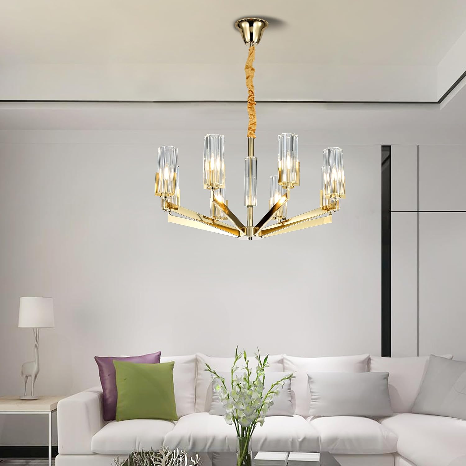 Modern Gold K9 Crystal Chandelier, 31-Inch 8-Light Geometric Pendant Light with Clear Crystal Tubes, E12 Base Fixture for Dining Room, Living Room, Foyer