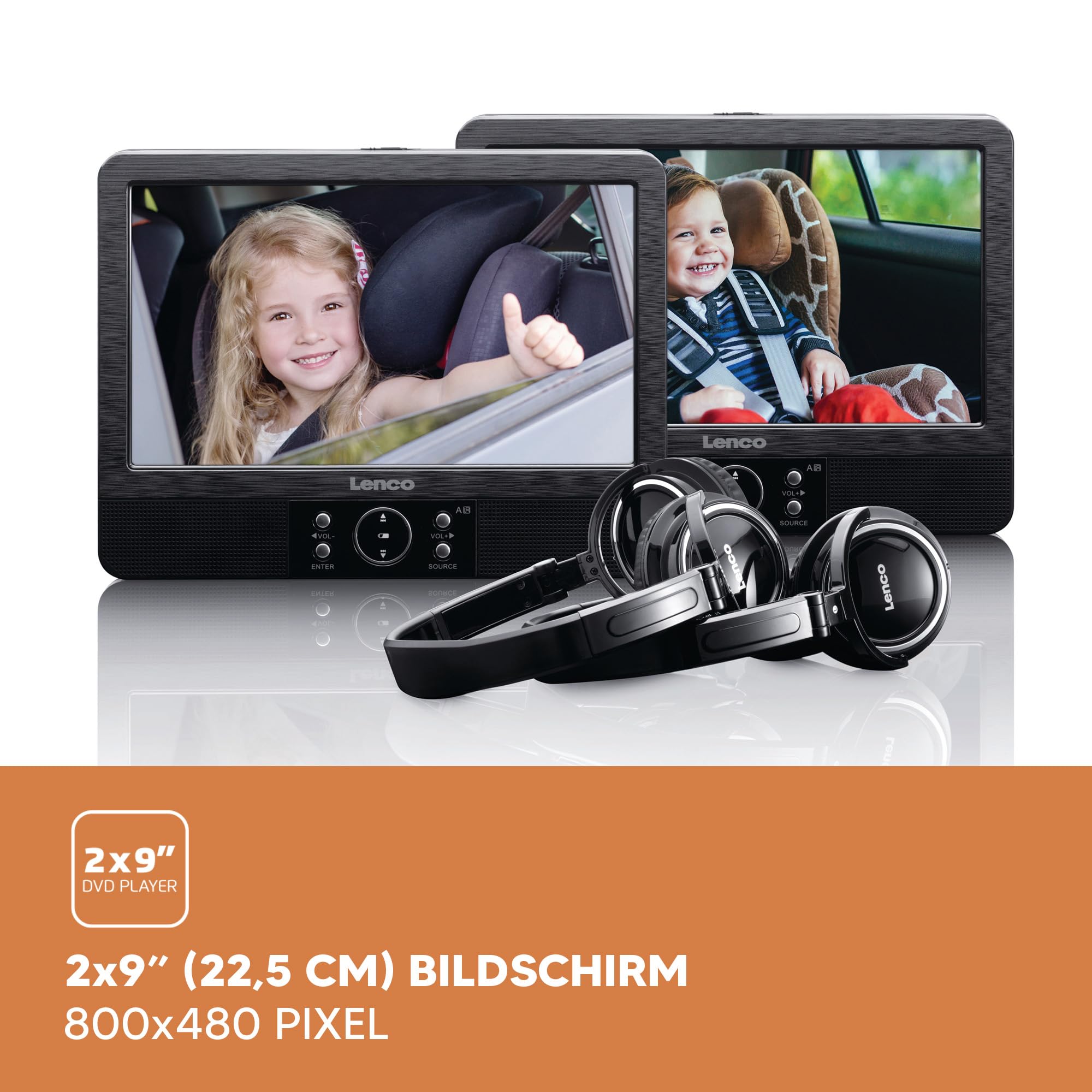 Lenco DVP-939 - Lettore DVD portatile da 2 x 9 pollici con 2 cuffie e 2 supporti per poggiatesta - batteria ricaricabile integrata - ingresso USB - lettore di schede SD - nero