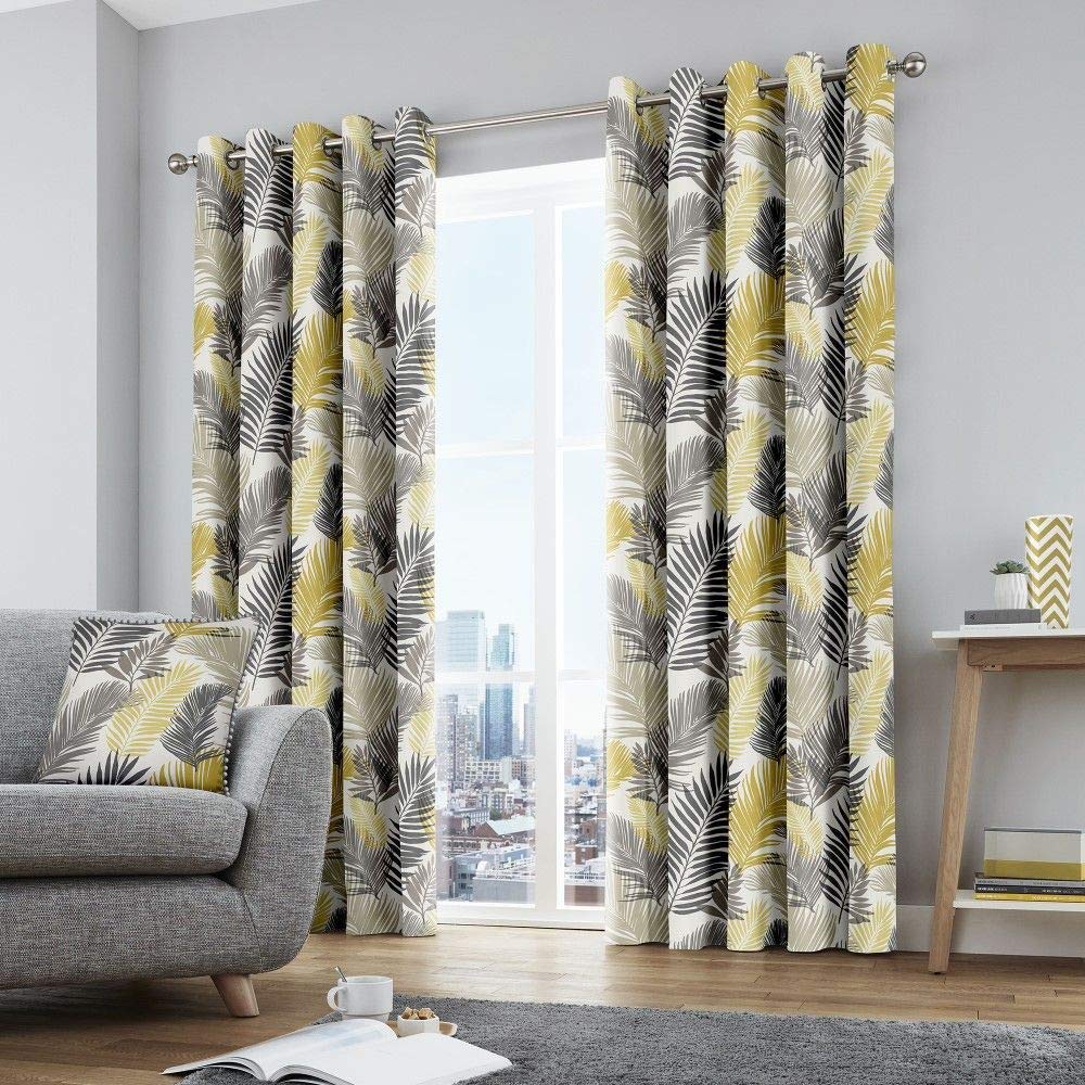 Fusion - Tropical - 100% Cotton Pair of Eyelet Curtains - 46" Width x 54" Drop (117 x 137cm) in Ochre
