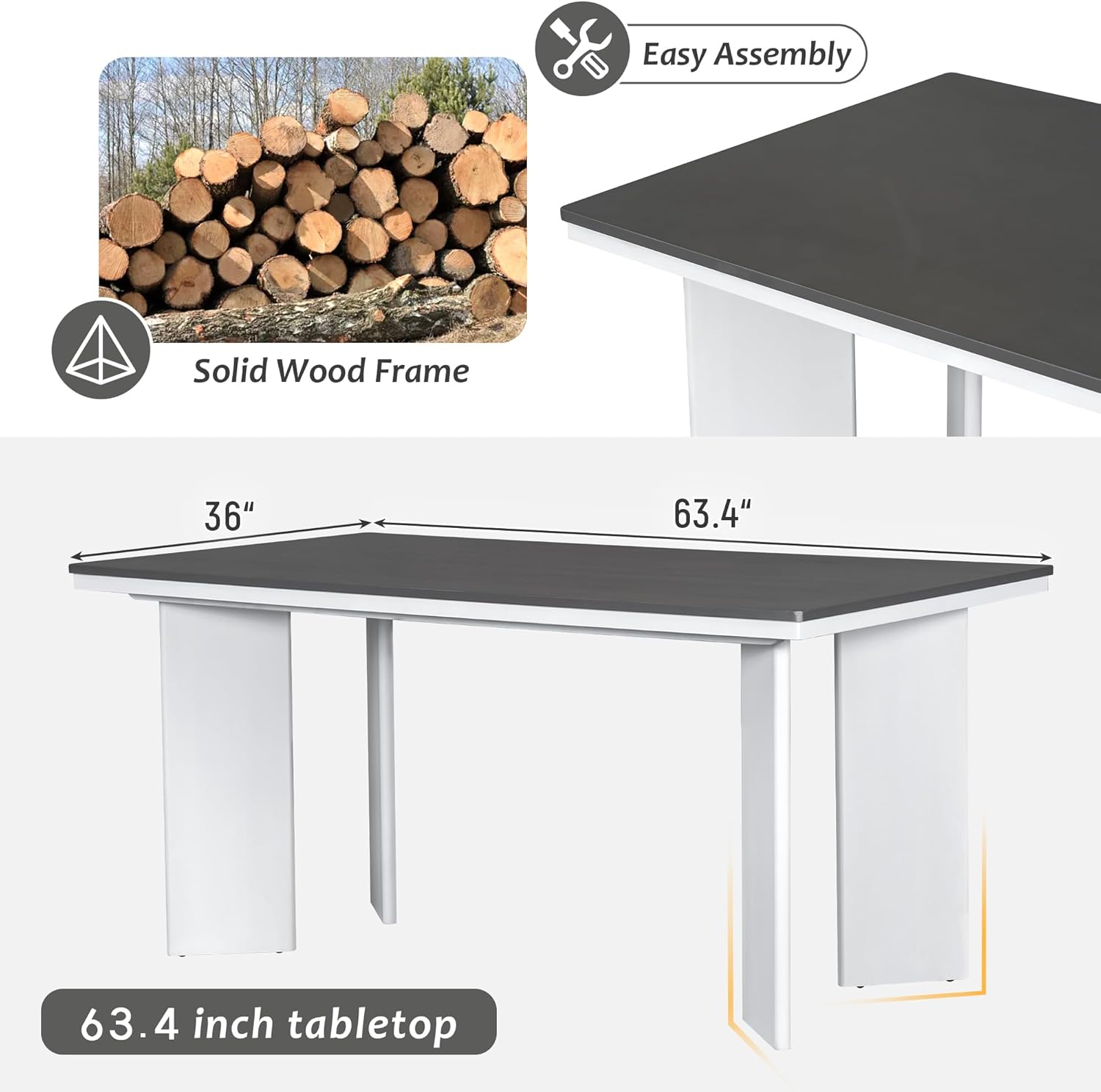 Image showing a pile of solid wood logs, an 'Easy Assembly' icon, and a view of the table top, indicating solid wood construction and simple assembly.