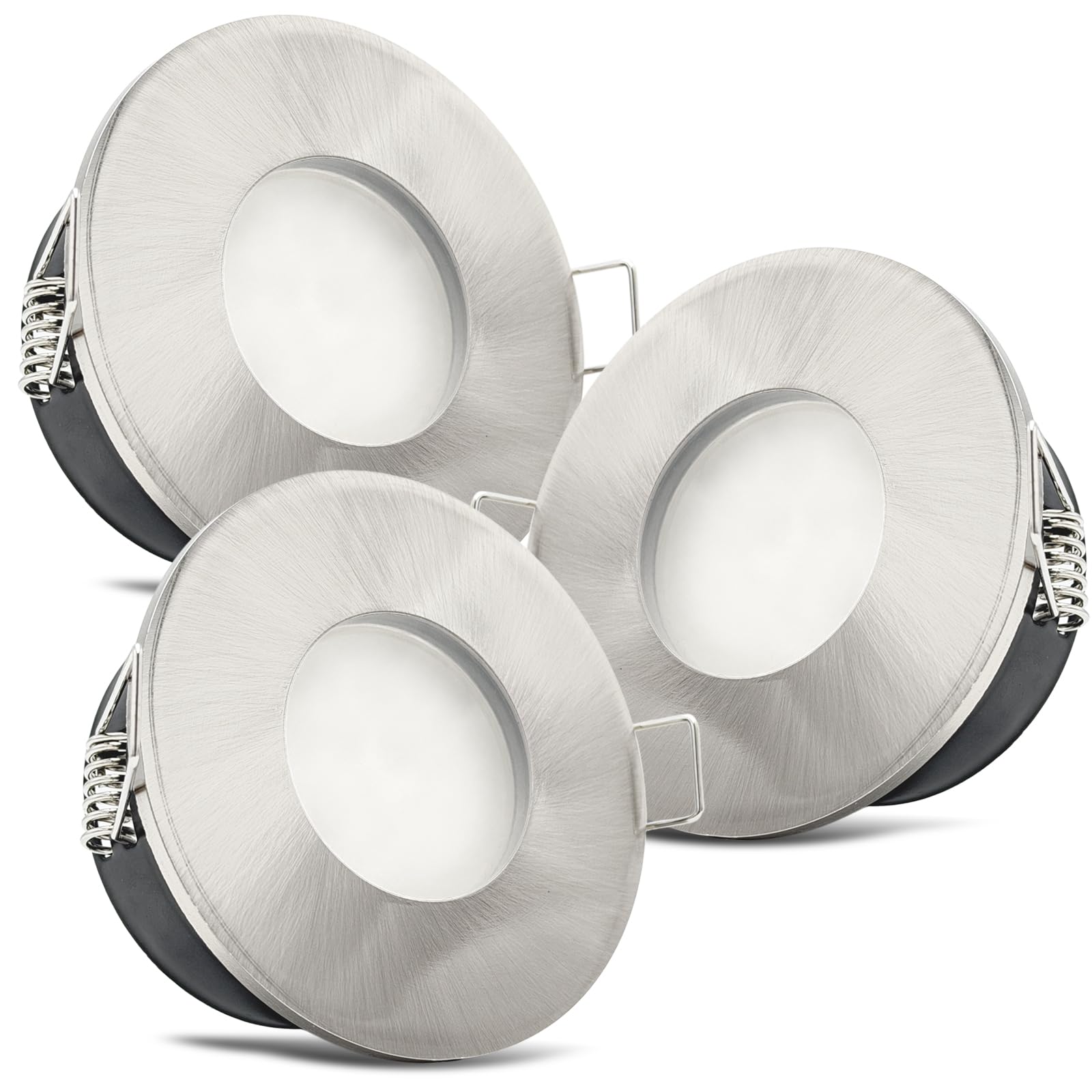 trendlights24 V2 IP65 LED Bad Einbaustrahler flach 5W dimmbar 230V 3er Set | Edelstahl Optik gebürstet, rund, Einbautiefe 35 mm, Kaltweiß, 6500k, Decken Einbauspots, Feuchtraum, außen