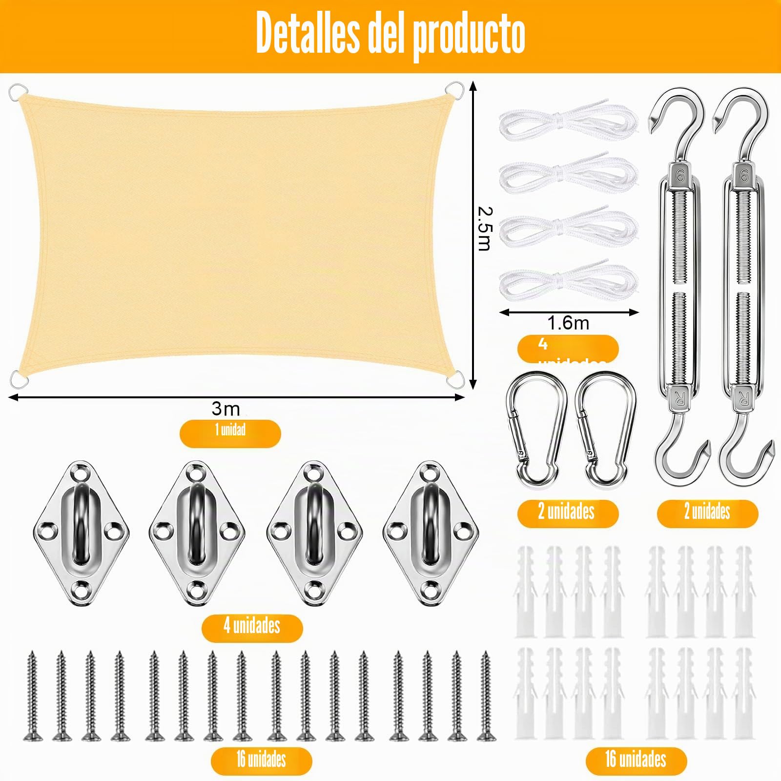 Toldo Vela Rectangular, Toldo Vela de Sombra Rectangular 2,5 x 3 m, con Kits de Montaje, Protección Rayos UV y HDPE Transpirable, para Exterior, Jardin, Patio