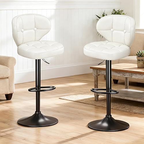 Miniatura 18 de Taburetes de bar modernos, juego de 2 taburetes de cocina giratorios de altura ajustable, asiento acolchado con respaldo, marco de metal, base
