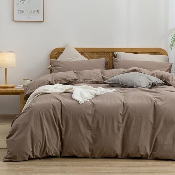 BESTOUCH Cotton Solid Duvet Cover Set Linen Feel Pine Bark Brown Queen
