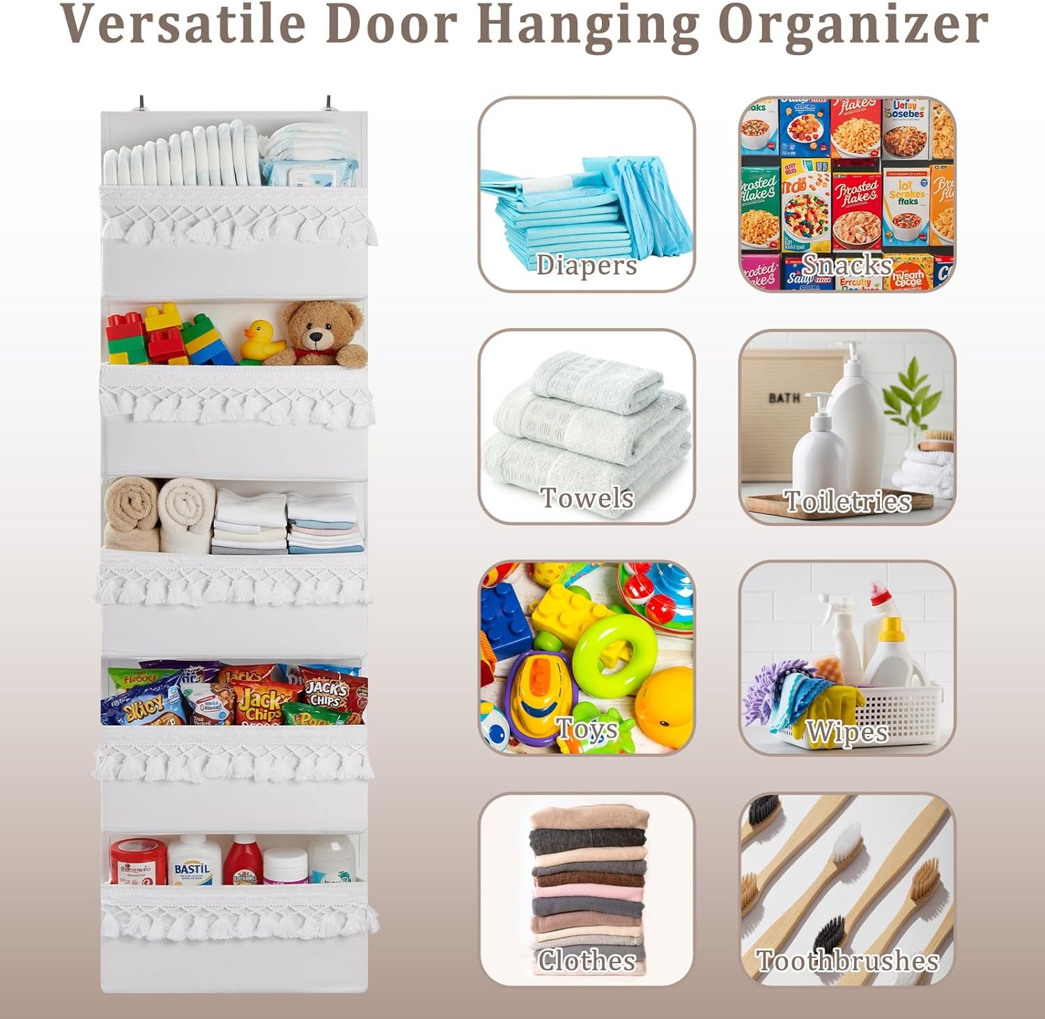 Over The Door Storage Organizer Decor,5 Pockets Hanging Nursery Door Organizer with Tassels Boho Decor,Behind Door Storage for Toys,Bedroom,Bathroom,White