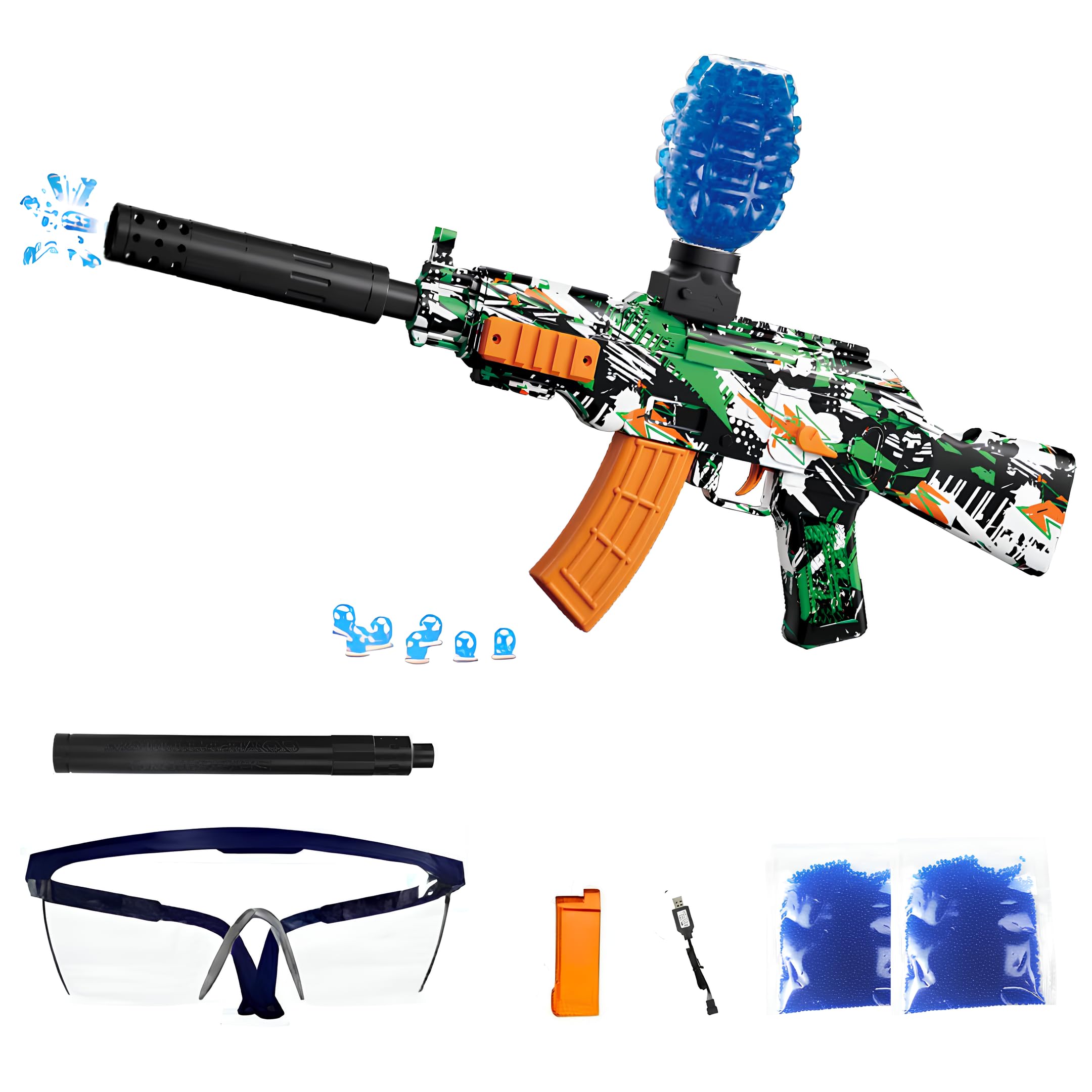 Gel Blaster Gun AK47 – Pistolet à Bille Eau Electrique Automatique – 20000 Balles et Lunettes – Watersoft Puissant Fusil Arme Mitraillette - Adulte Gelfire Water Gun