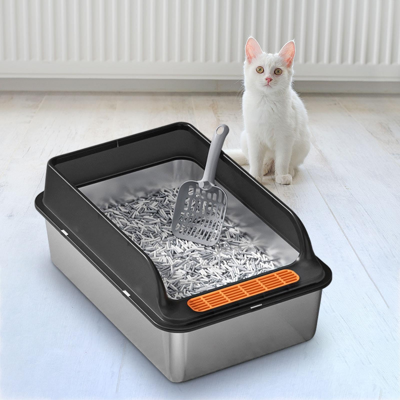 Katzenklo Edelstahl Katzenstreu Litter Pan mit Abnehmbarem Rahmen Katzen Toilette Katzen Sandkasten rutschfeste Matte für Kätzchen Große Katzen Und in, Schwarz