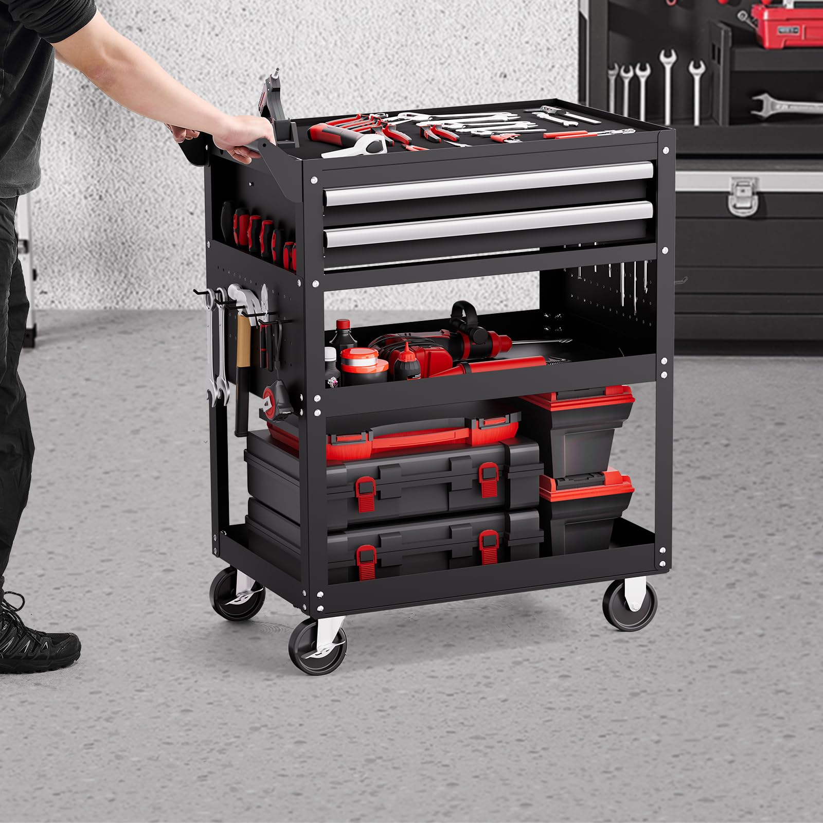 VEVOR Carrello Portautensili a 5 Ripiani con Ruote, Carico 181,4 kg Carrello da Lavoro con 2 Cassetti e Pannello Forato, Organizzatore per Utensili Meccanici con Sistema di Bloccaggio per Garage, Nero