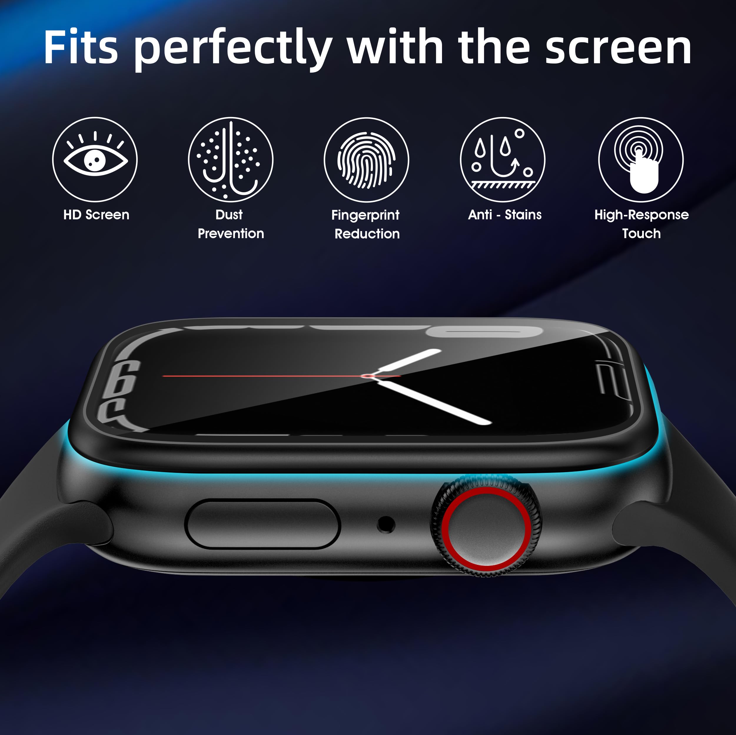 SWUU Paquete de 2 protectores de pantalla de vidrio templado con marco de metal compatibles con Apple Watch Series 9, 8, 7, 45 mm, marco de fácil instalación, película impermeable para iWatch 9, 8, 7,