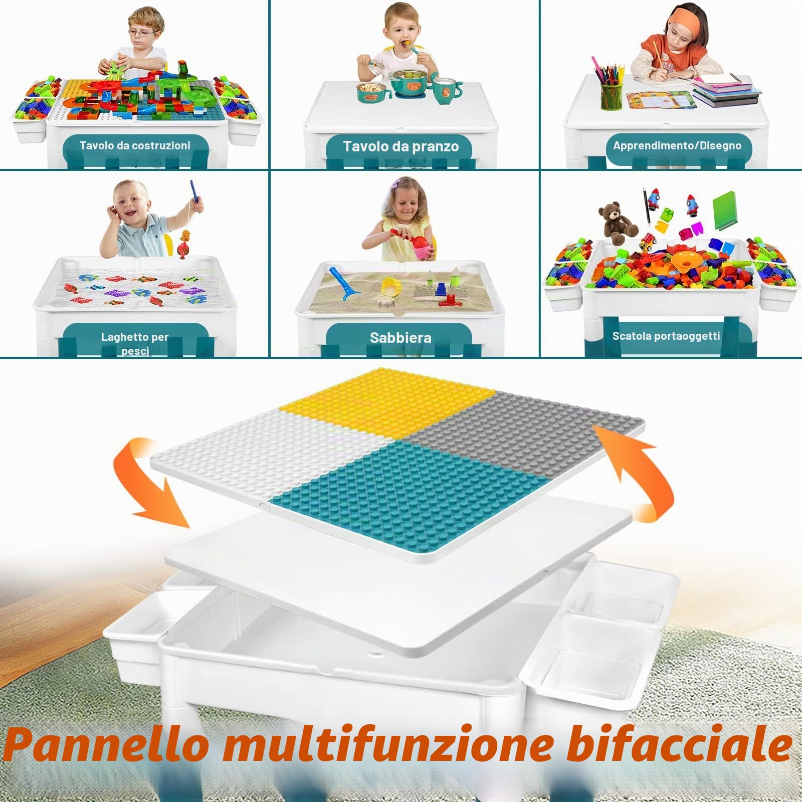 LZQ Tavolo per bambini con sedie 6 in 1 Tavolo da Costruzione per bambini, set di mattoncini da costruzione, tavolo da gioco con spazio per riporre oggetti