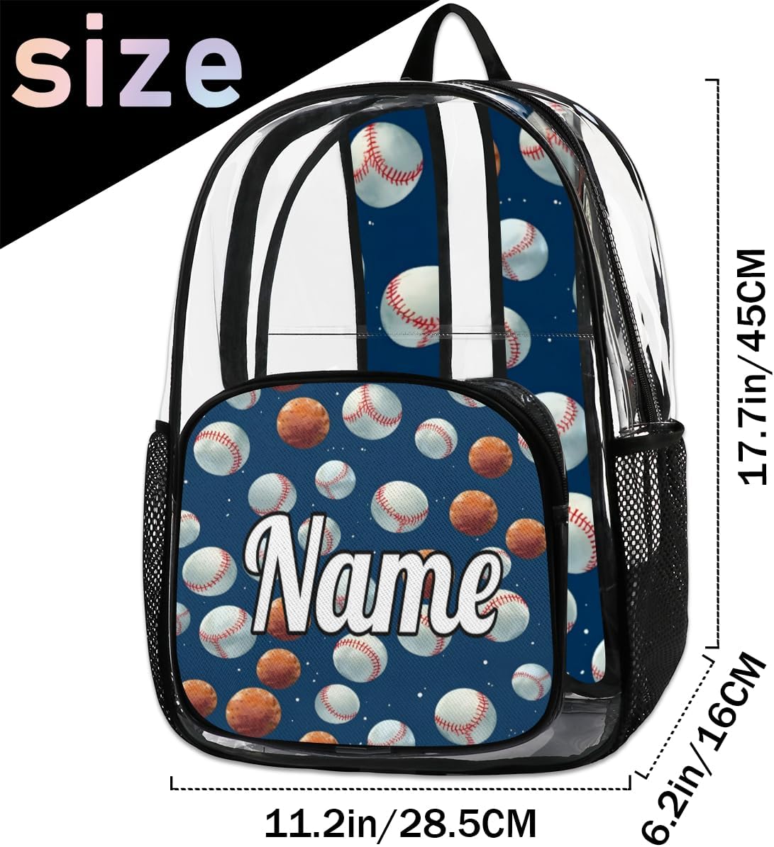 Baseball Sport Personalized Clear Backpack Custom Name Clear Bookbag PVC Heavy Duty Transparent Backpacks Travel Bag