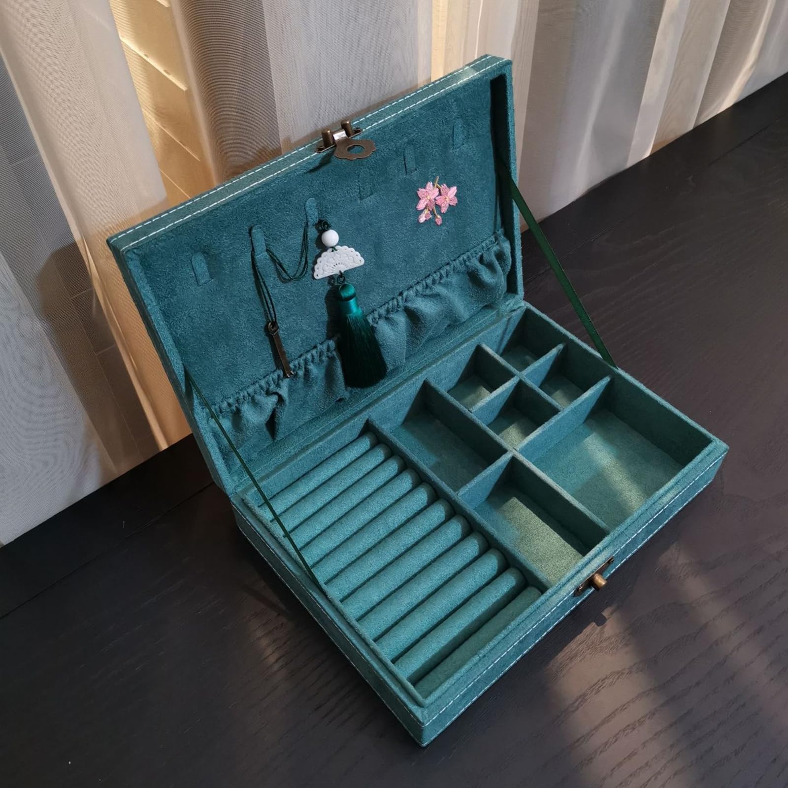 Chinesische Schmuckschatulle, handgefertigte Schmuck Organizer aus Holz mit Samt Innenraum und Schlosszubehör, Aufbewahrungsbehälter, Schmuckschatulle mit mehreren Fächern