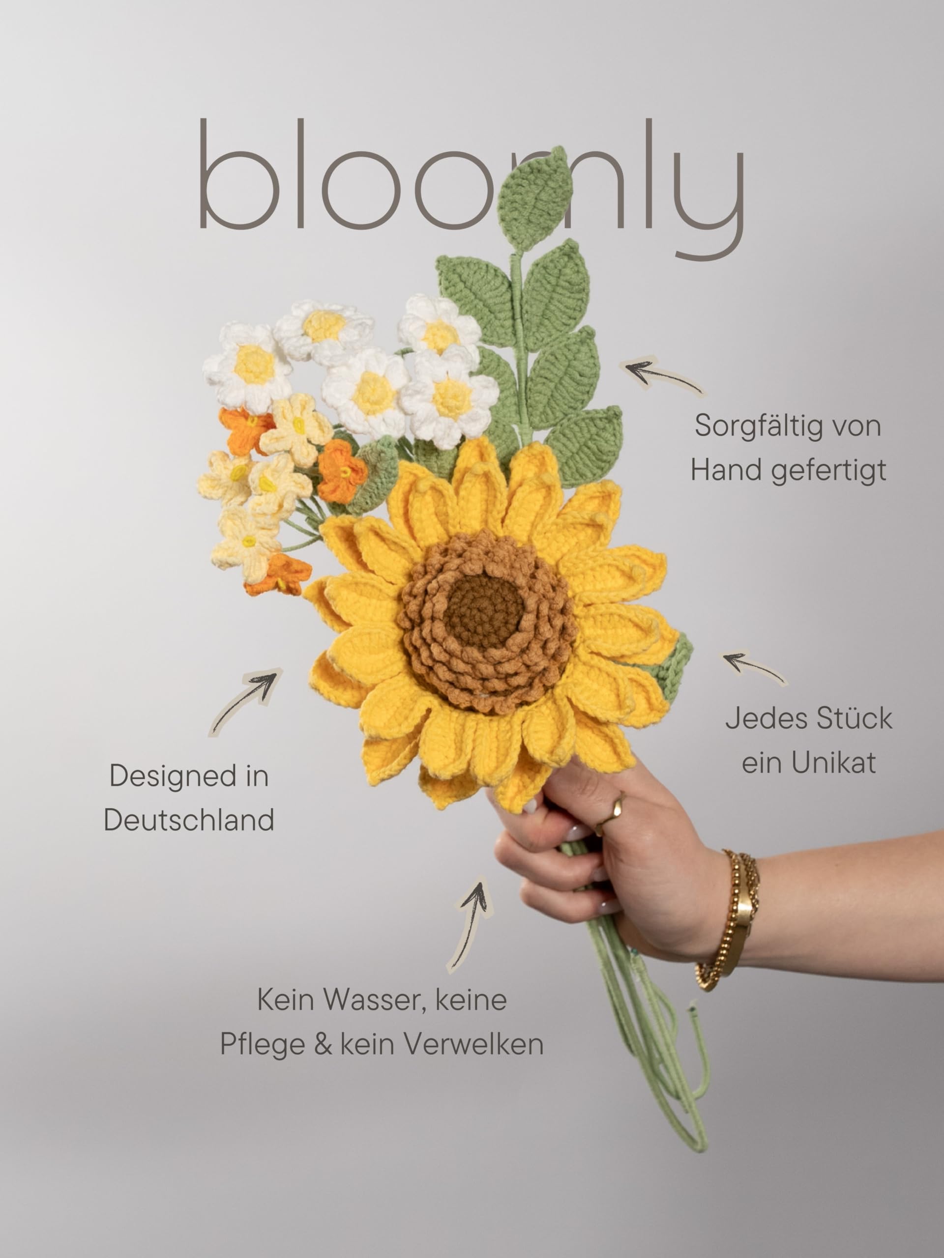 Häkelblumenstrauß Sunflower, gehäkelter Blumen-Strauß | Handmade crochet flowers, Blumenarrangement, als Geschenk für Freundin oder Mutter zum Muttertag
