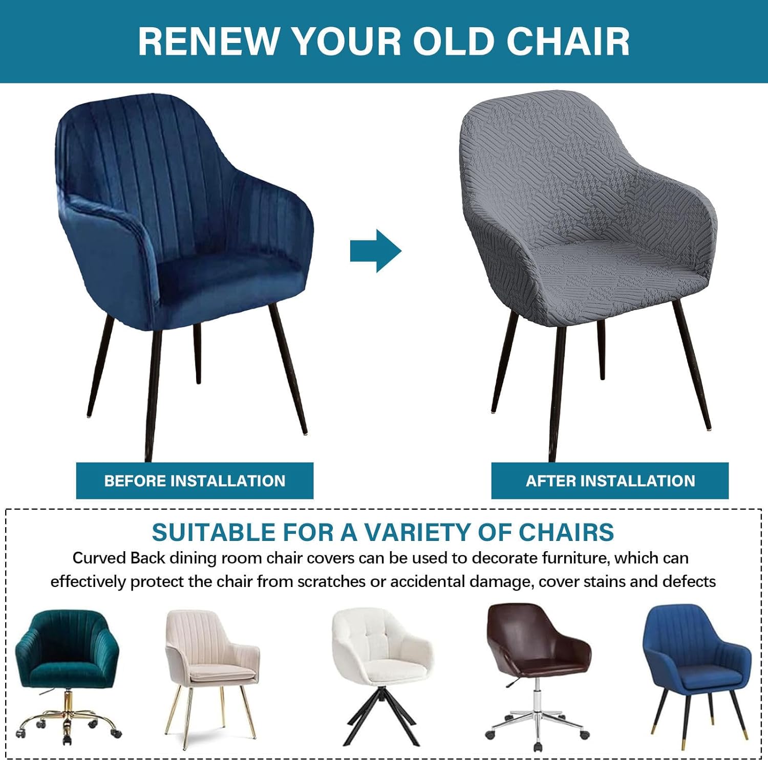 Curved Back Dining Chair Covers Set of 2, Stretch Curved Back Chair Cover Modern Spandex Curved Back Chair Slipcover with Arms Removable Accent Dining Chair Cover-Dark Grey-2 Piece