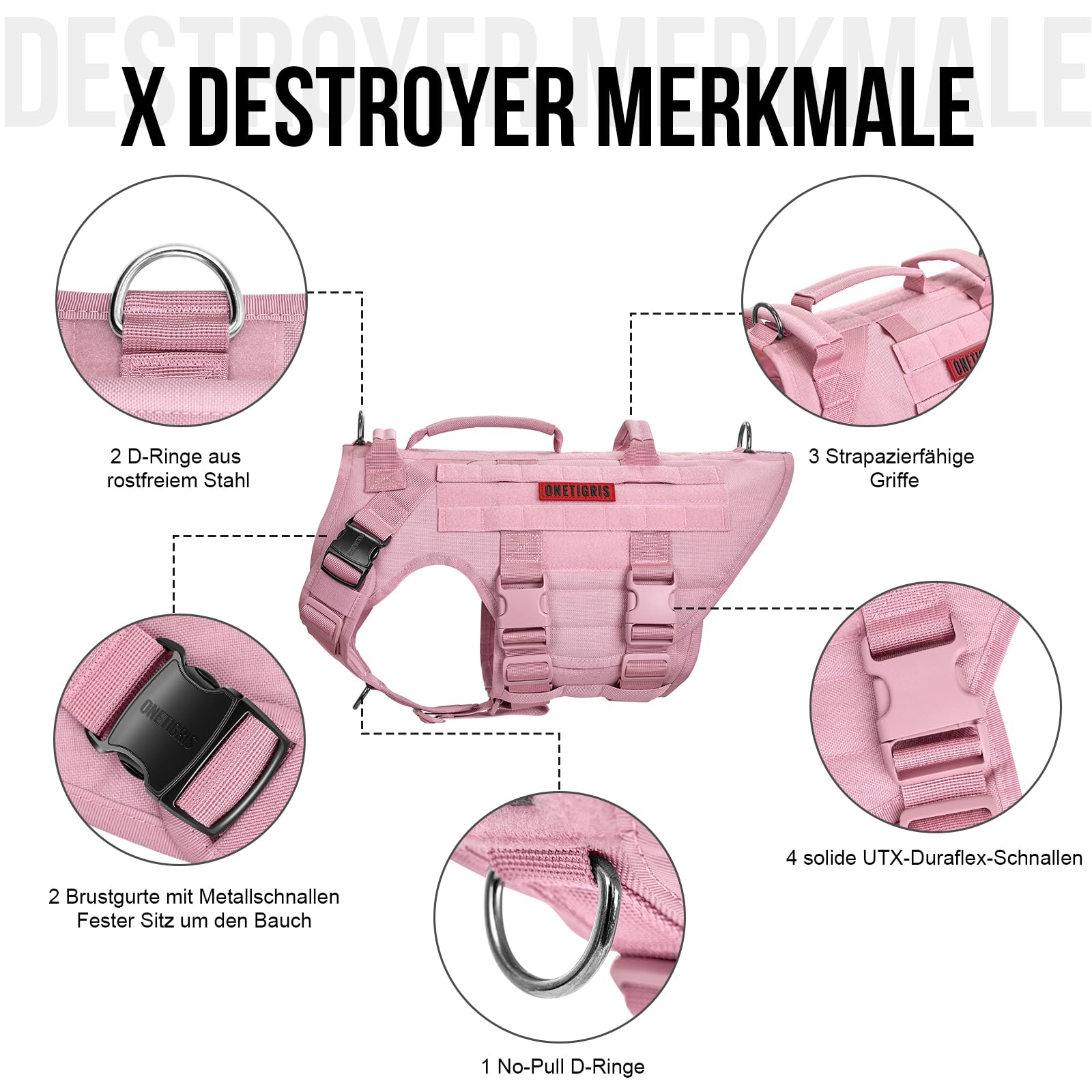 OneTigris Stoviglie per cani, X Destroyer tattiche regolabili, antirottura, con 3 manici, 2 fibbie in metallo (rosa M)