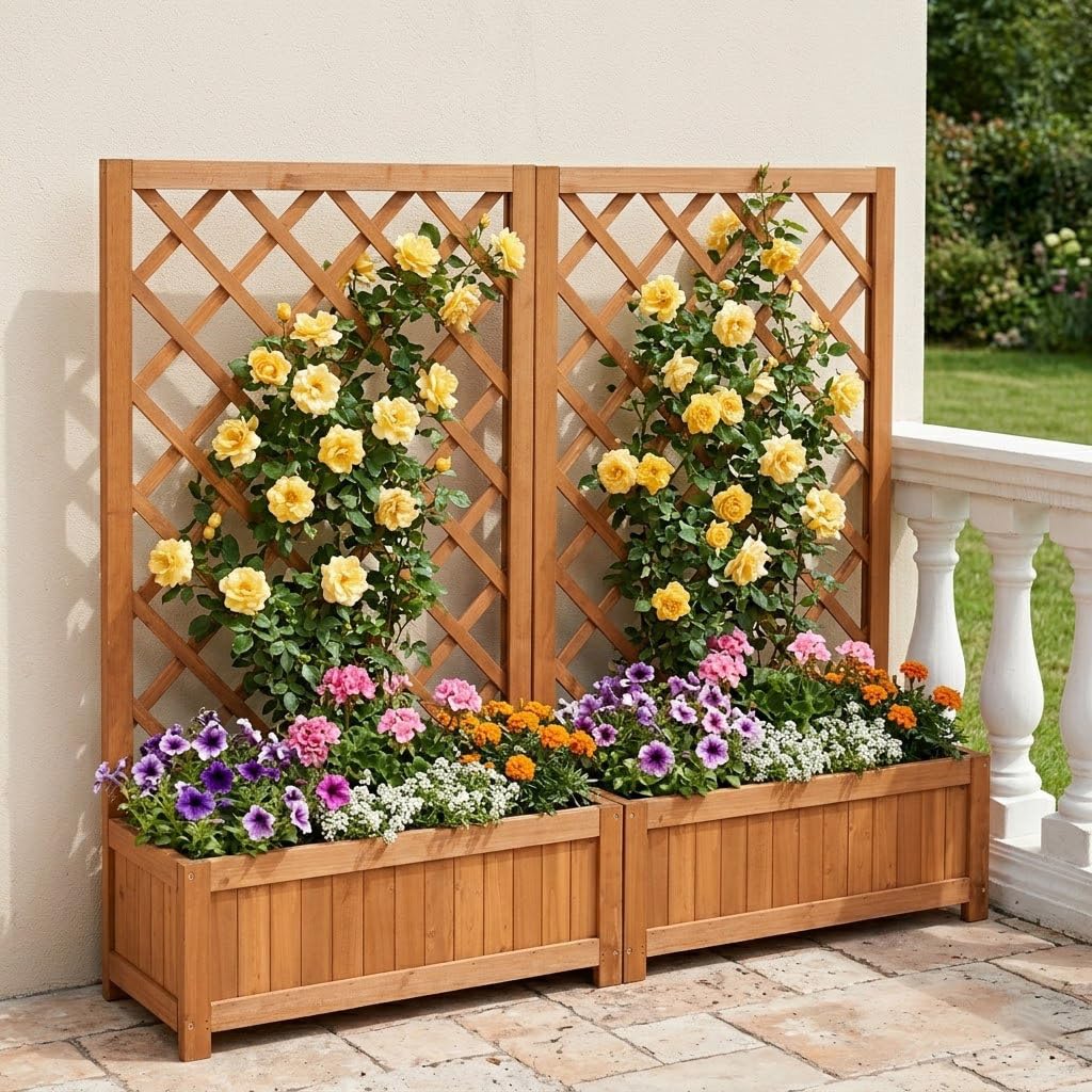 Aiuola rialzata con traliccio in legno, fioriera con supporto per piante rampicanti, aiuola verticale da giardino per fiori, verdure ed erbe, fioriera per balcone, terrazza e giardino, altezza 100 cm