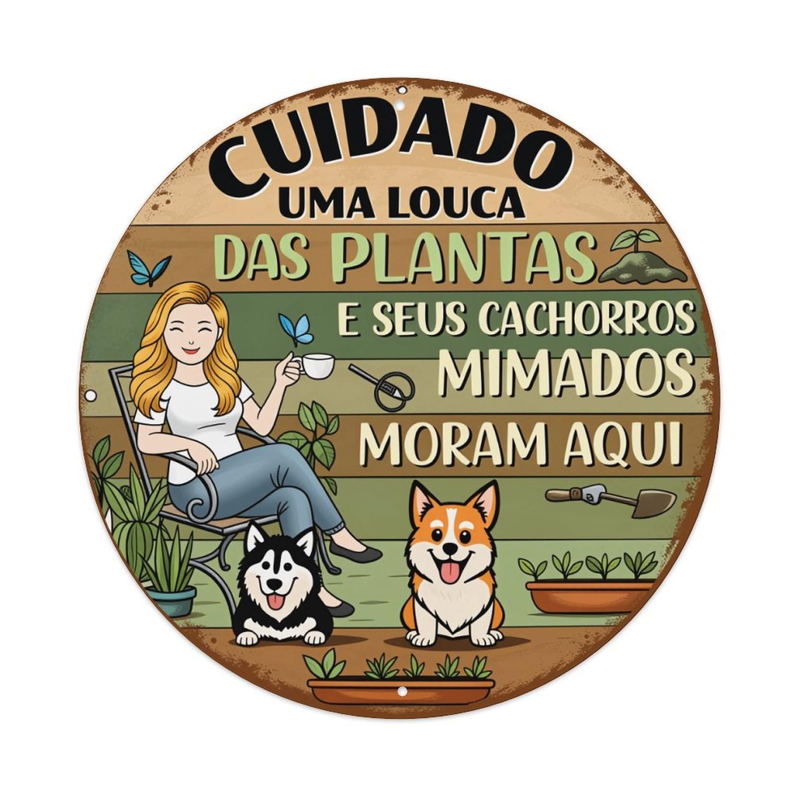 Beware A Plant Lady And Her Spoiled Dogs Live Here Round Tin Sign Vintage Style Metal Sign Home Bar Garden Wall Plaque Decor Metal Poster 8x8 Inch
