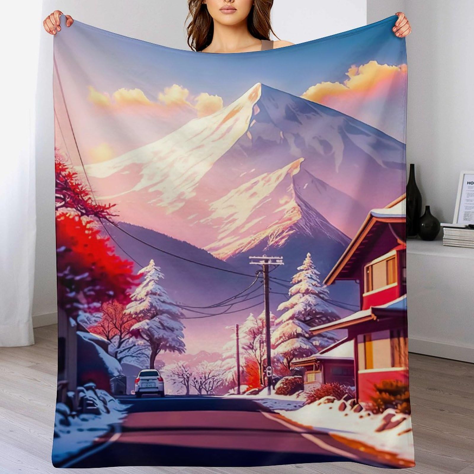 Couverture polaire en flannel cerise tree Japan art tres doux douillette et chaud pour lit