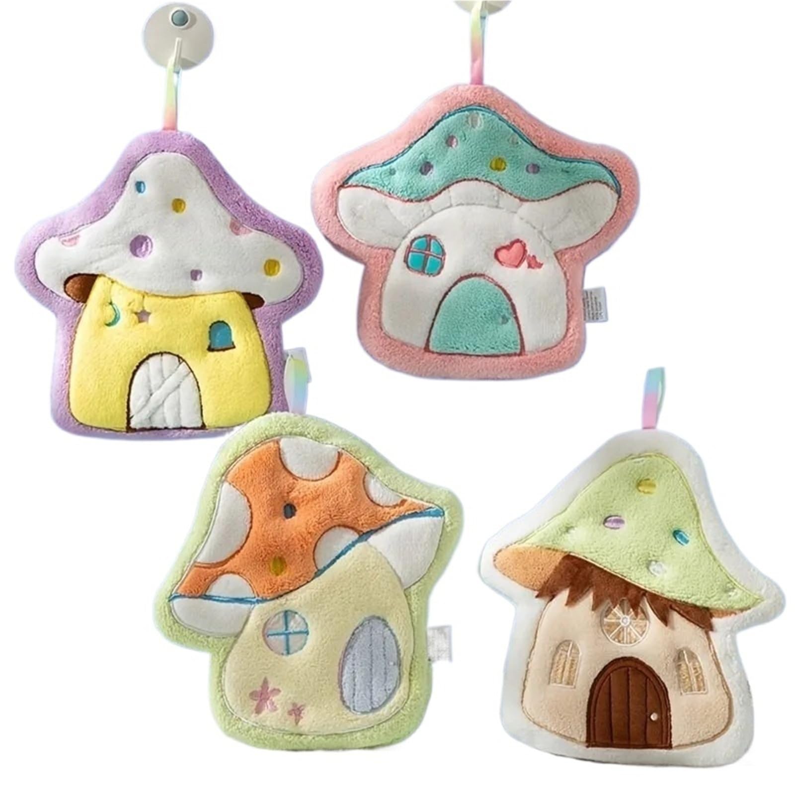 WSQHAO 4Pcs Cartoon Mushroom Hanging Hand Towel For Bathroom And Home Use, Soft And Absorbent, Cute for Hand(Color5)