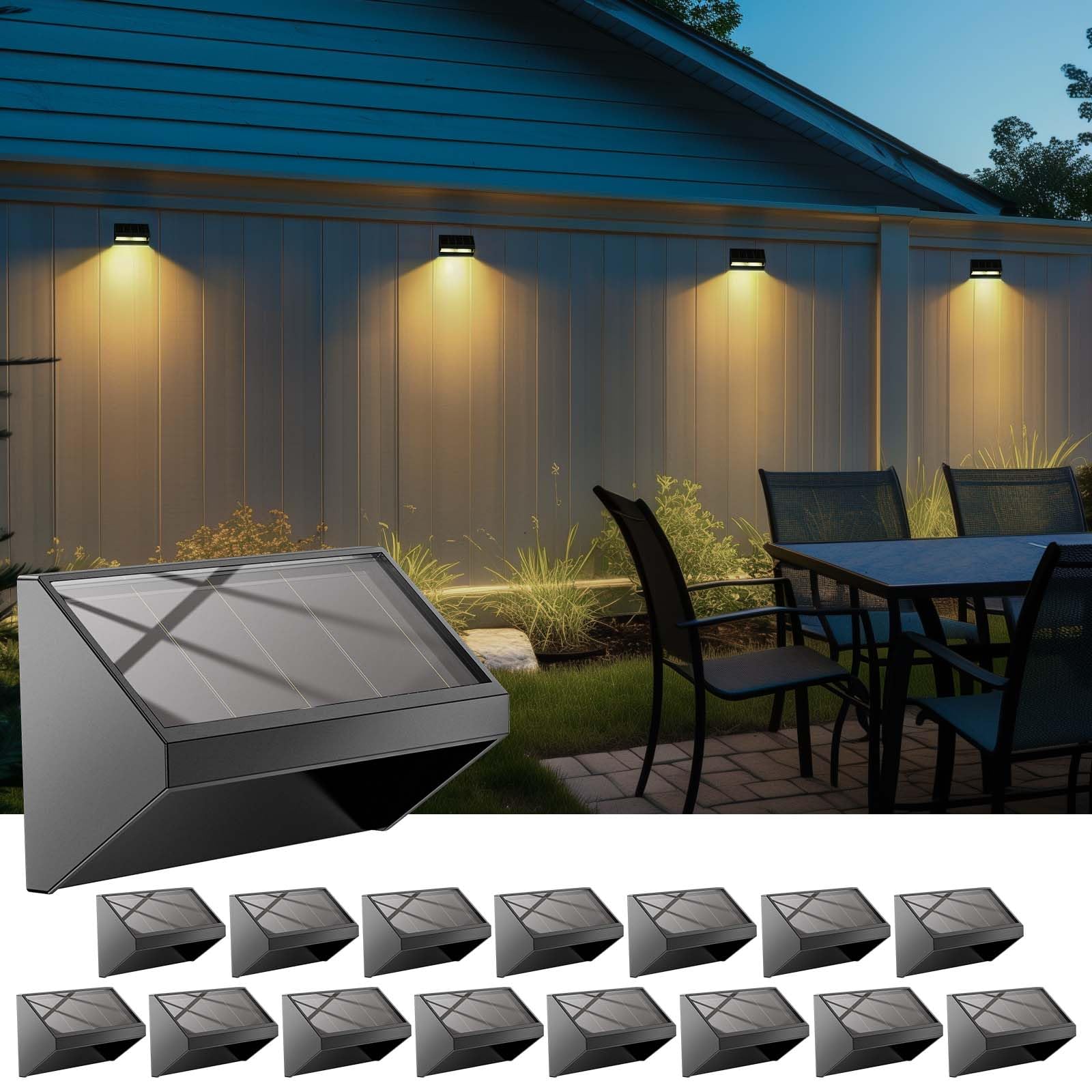NIORSUN Solar Fence Lights,16pack Solar Deck Lights,Warm White & Cool White Color,Solar Fence Lights Outdoor Waterproof Led IP65,Fence Lights Solar Power for Outside/Backyard/Railing/Yard/Patio(Black)