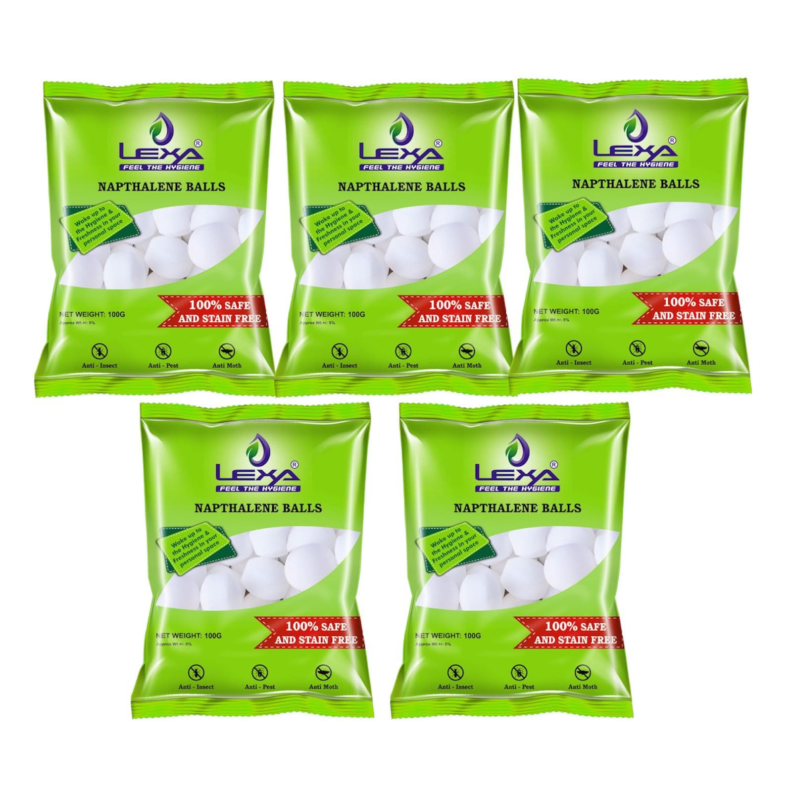 Lexa Naphthalene Balls for Clothes, Bathroom, Wardrobe, Moth Protection, Cocaroach,Urinal, Toilet, Basin,Kitchen,Pure Quality,99.9% Safe & Stain Free, 100 Grams, White, Pack of 5