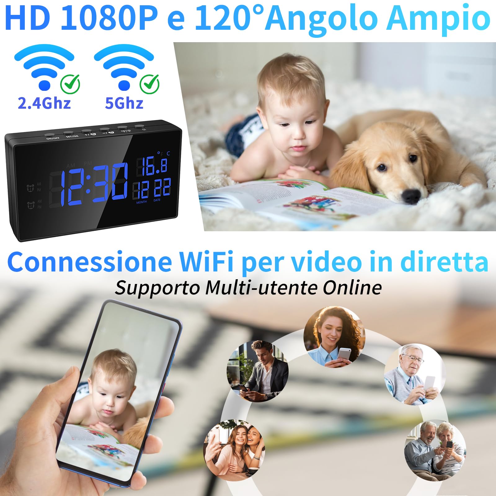 Telecamera Spia WiFi 2.4/5G, HD 1080P Telecamera Nascosta | Mini Telecamera Spia Nascosta con Visione Notturna, Rilevamento del Movimento, Wi-Fi, APP Vista a Distanza