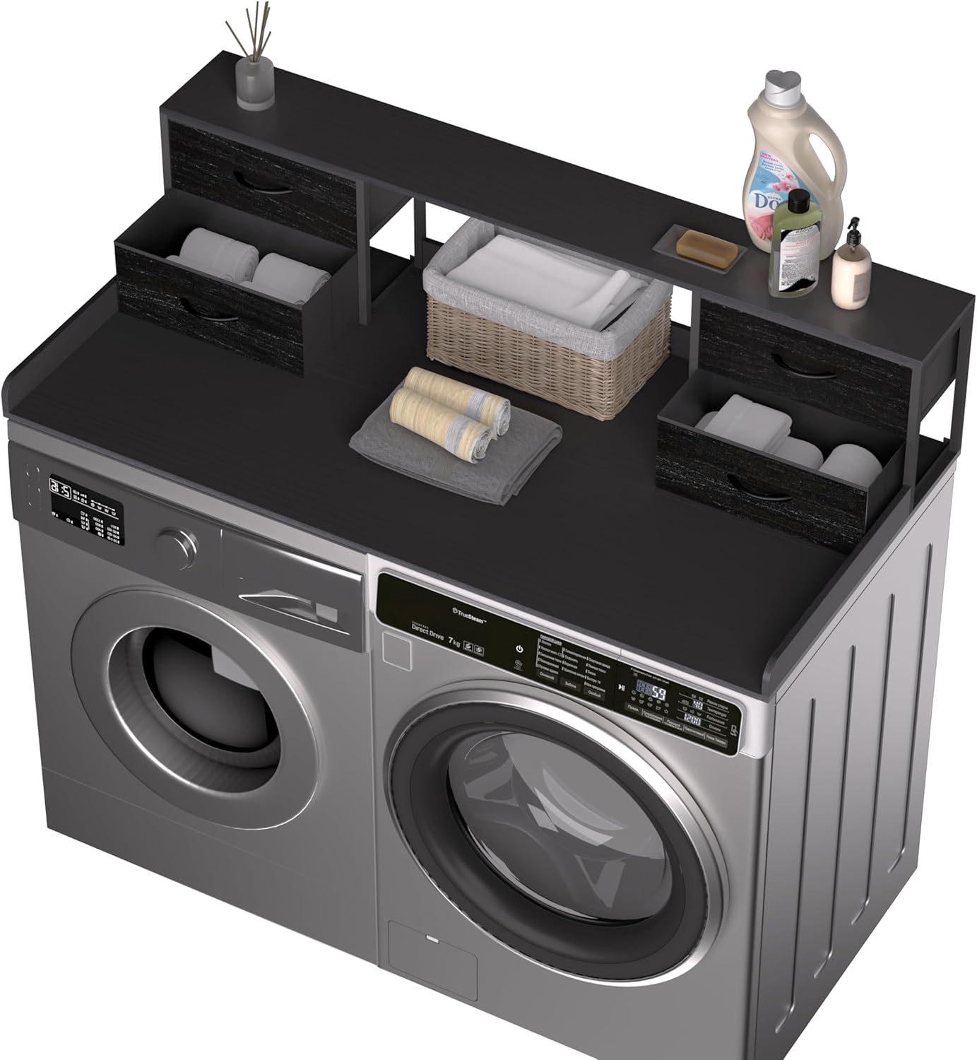 Washer and Dryer Countertop, 27.5“ D x 53.9“ W x 12.9“ H Solid Wood Washer and Dryer Countertop with Organizer Shelves with Four Drawers for Laundry Room Organization (Black)