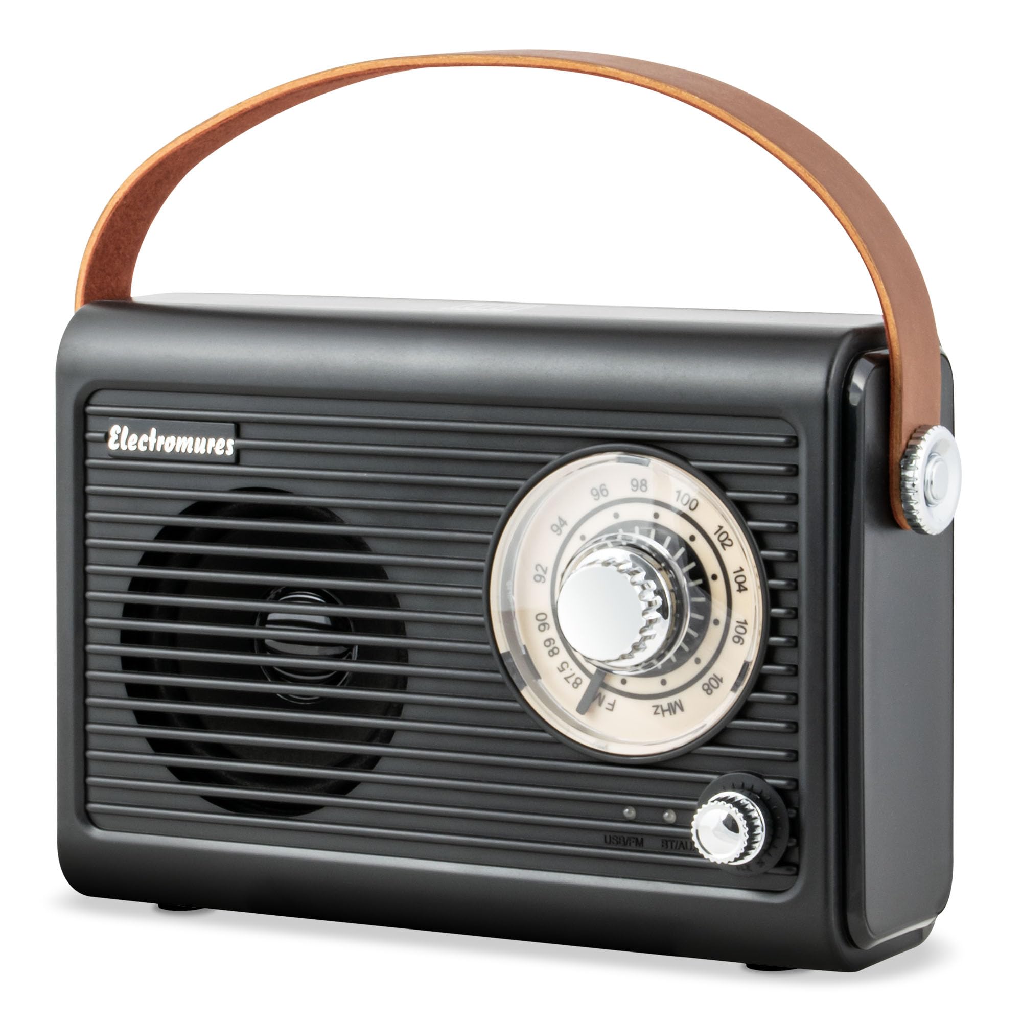 EM 1005 Schwarz, Retro Radio mit Bluetooth 5.3, Tragbares FM UKW-Radio, Vintage Design mit Ledergriff, Teleskopantenne, USB-C wiederaufladbar, USB/AUX Musikbox Nostalgie Geschenk